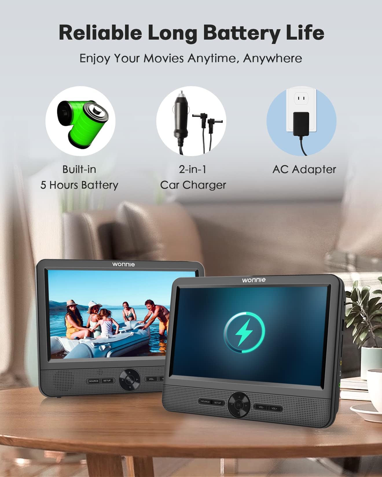 Wonnie 10'' Car Dvd Players, Portable Dvd Player Dual Screen Play Two Different Or The Same Movie With 2 Headrest Mount, 5 Hours