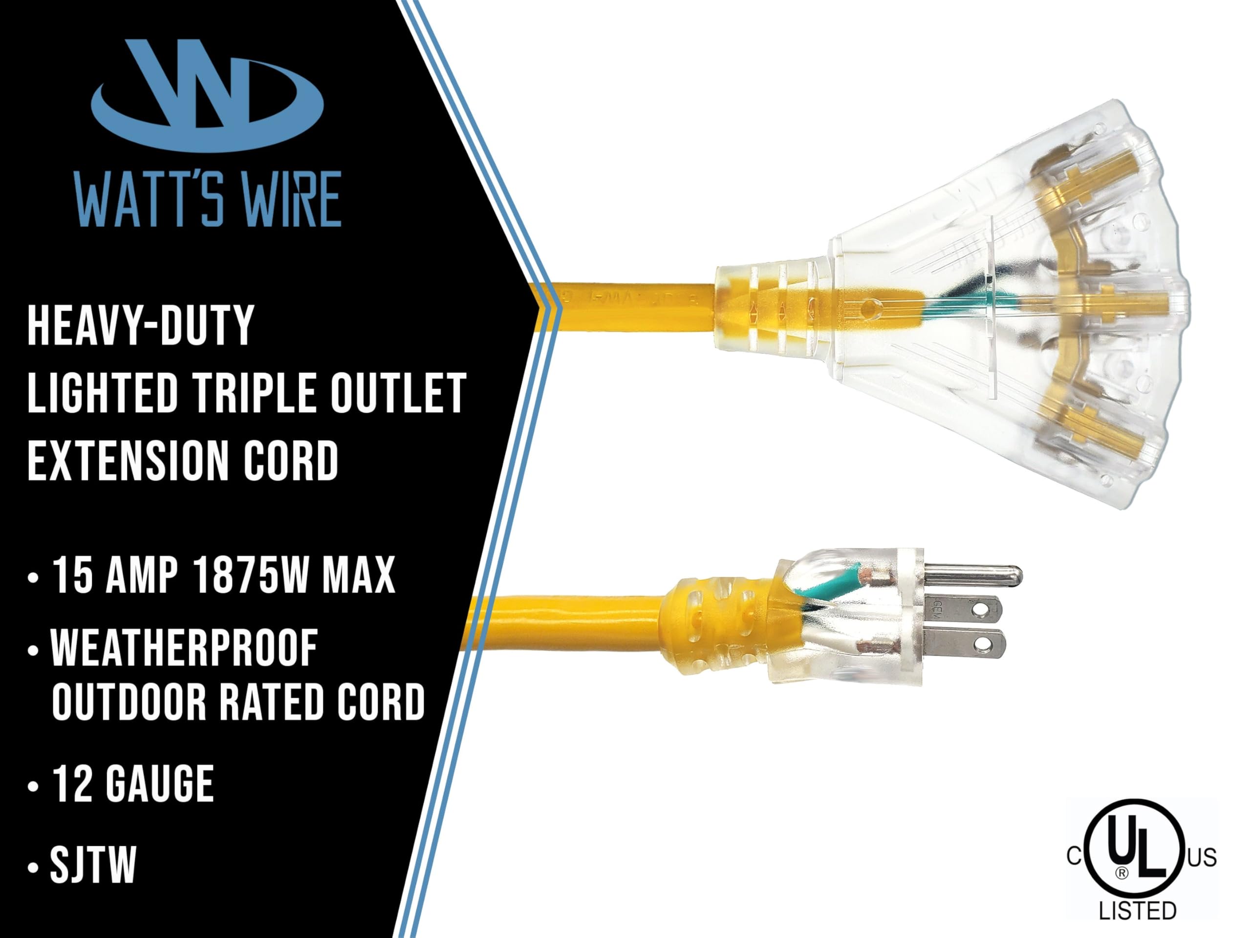 10 Ft Heavy Duty Extension Cord - 12 Gauge Outdoor Extension_Cord - Lighted Mulitiple Outlets By Watts Wire - 10 12-Gauge Grou