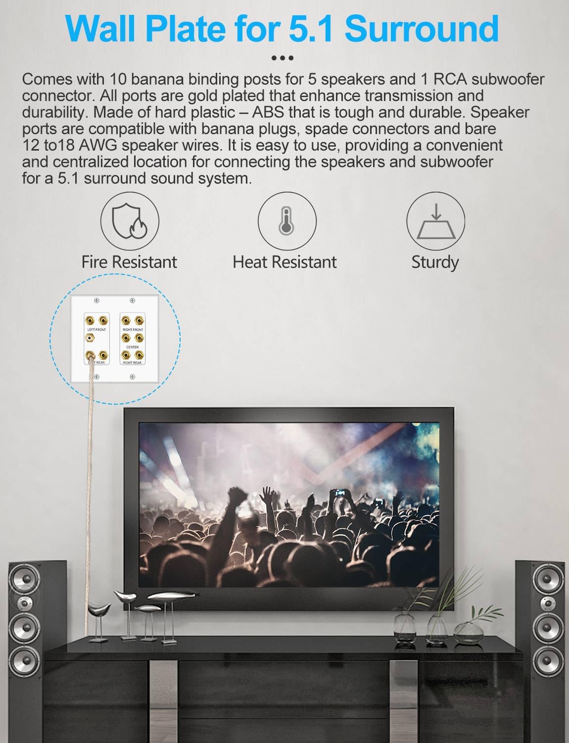 Home Theater 5.1 Surround Sound Distribution Wall Plate 10 Banana Binding Post Coupler For 5 Speakers And 1 Rca For Subwoofer