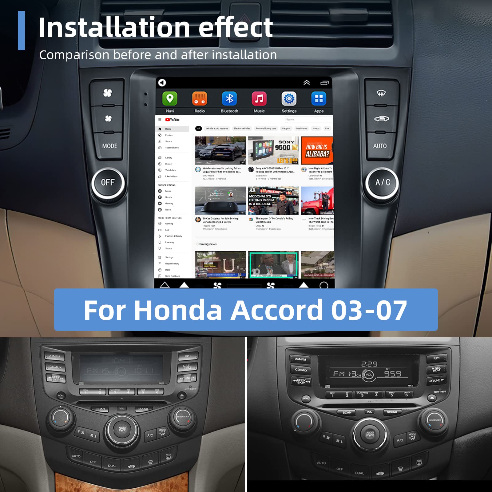 For Honda Accord 2003 2004 2005 2006 2007 Android Car Stereo Radio,Podofo 9.7 Inch Vertical Touchscreen Bluetooth Radio In Dash Navigation Gps Units With Phone Mirror Link Wifi Fm/Rds Backup Camera