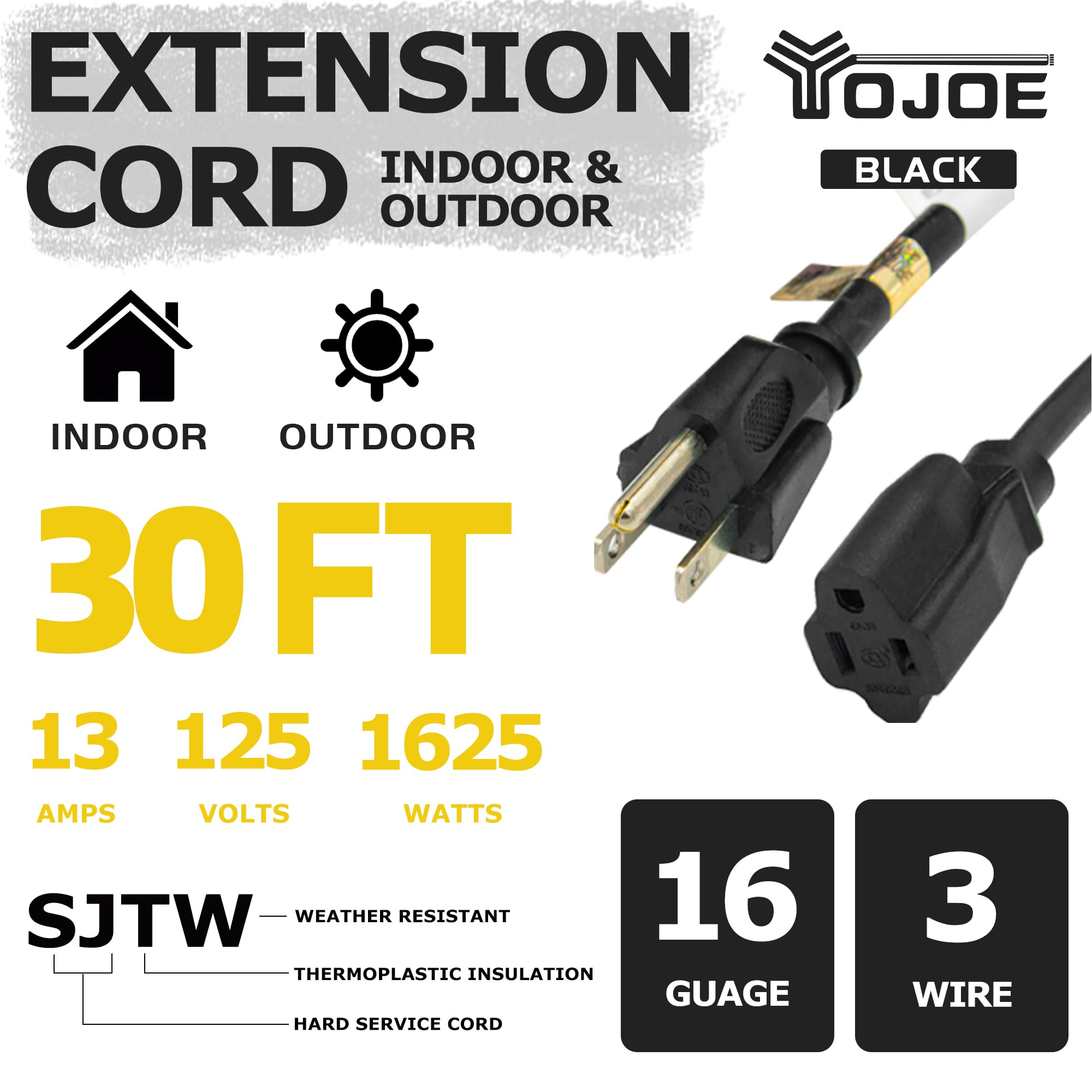 Yojoe Indoor Outdoor Extension Cord, 3 Prong 13A Weatherproof Power Extension Cord, 16 Gauge Heavy Duty 30 Ft Black Extension Co