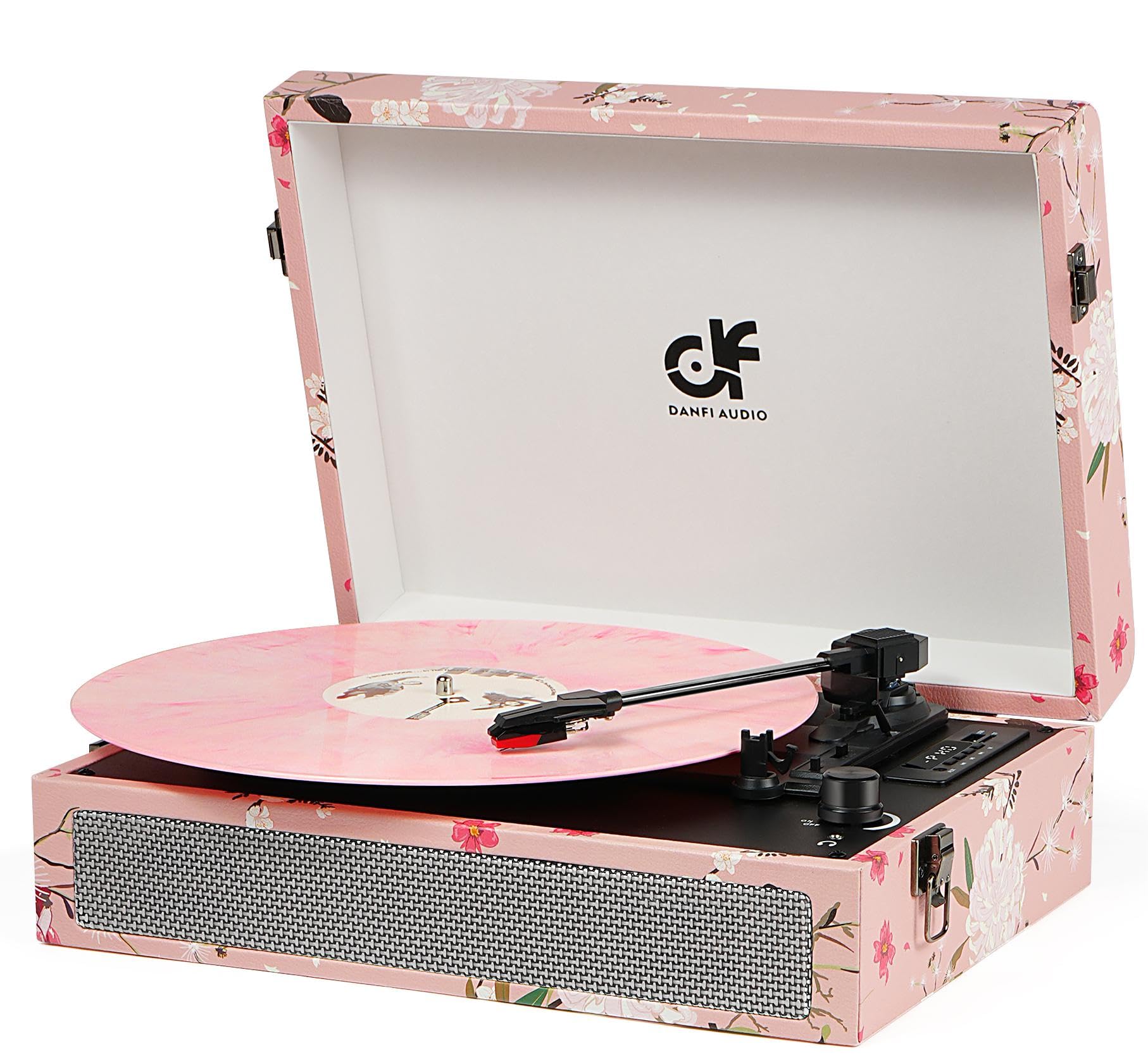 Vinyl Record Player Bluetooth With Built In Speakers, Vintage Portable Suitcase Turntable 3 Speed With Usb Recording Headphone/Rca/Aux Jack For Muisc Record Player Pink Floral