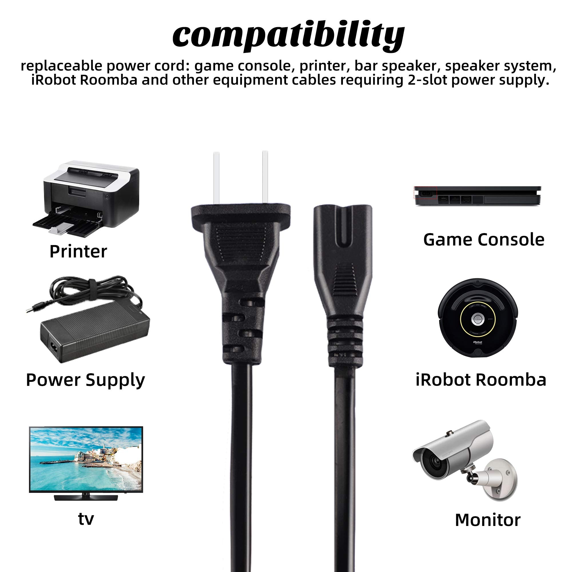 2 Prong Ac Power Cord Cable Compatible With Xbox One S/Xbox One X/Xbox Series X/S Game Console, For Sony Playstation Ps4 Ps3 Ps2