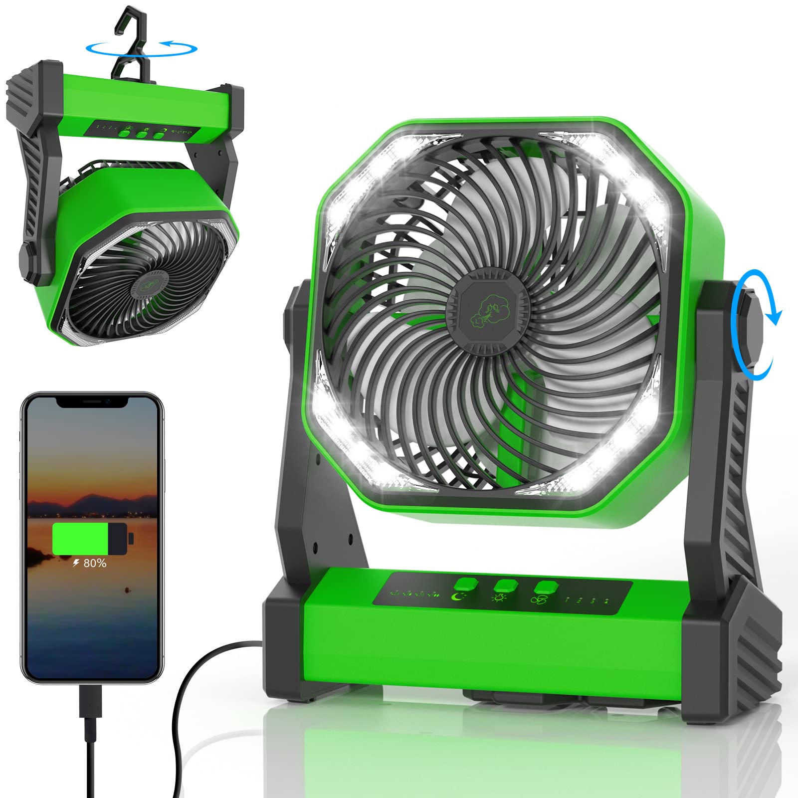 Gewanolla Portable Rechargeable Fan With Led Light, 20000Mah Battery Powered Camp Fan With Hook, 270 Pivot, 4 Speeds, Usb Table