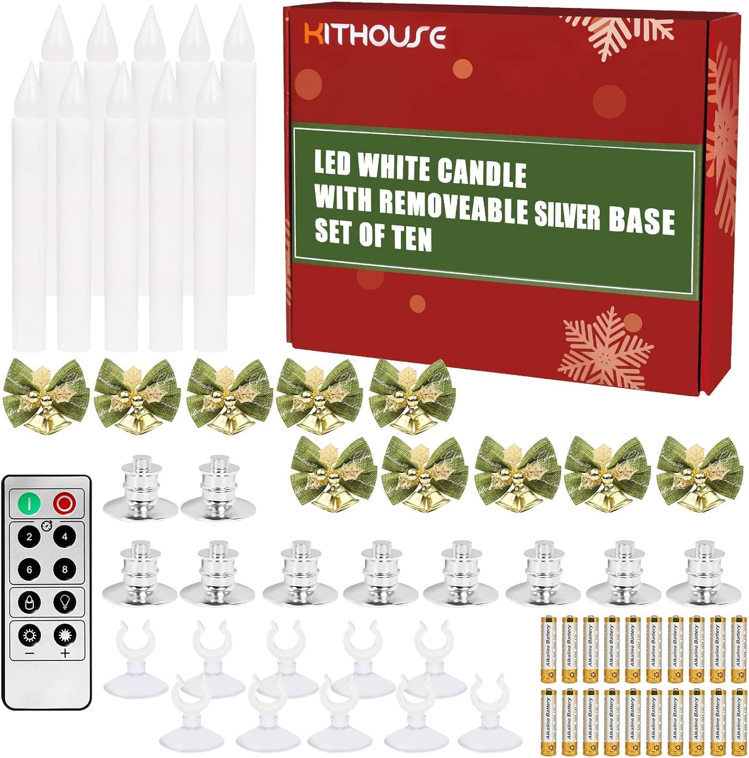 Kithouse Christmas Window Candles Lights With Timer Candles Flameless,Sliver Candlestick, Suction Cups,20 Pcs Battery Included,C
