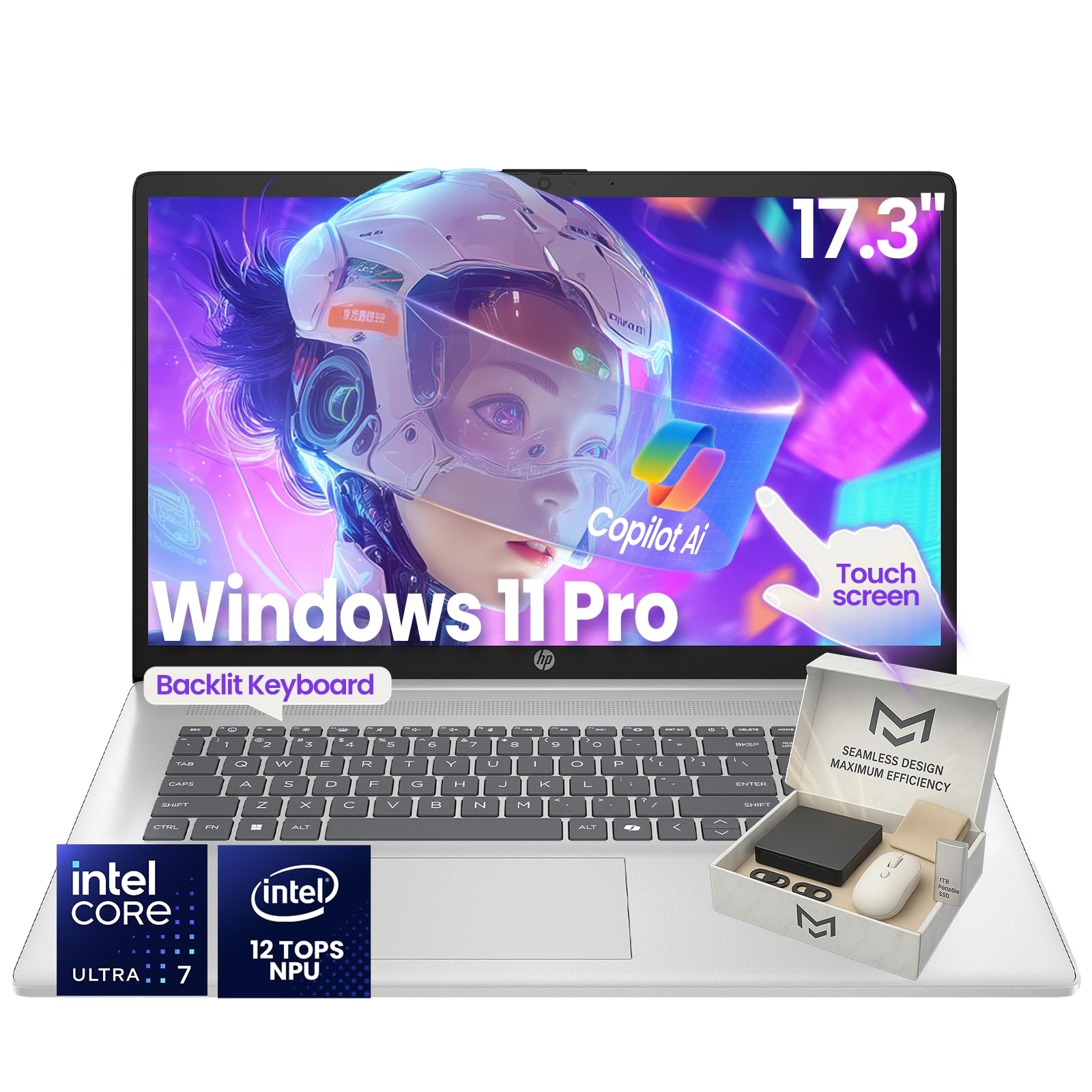HP 17-inch Touchscreen Business Laptop  Intel 12-Core Ultra 7 255U  12 NPU Tops  AI Copilot Ready  HD+ Display  Backlit KB  Priv