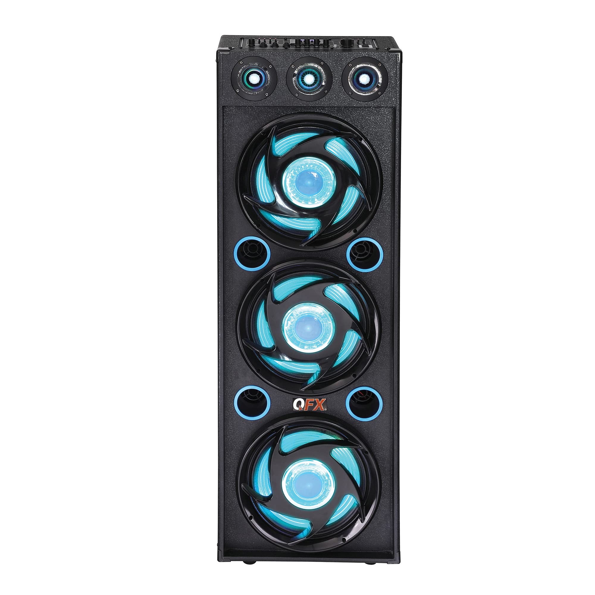 Qfx Sbx 412300Bt Tws Bluetooth Triple 12� Woofer Triple 1� Tweeter Recording High Performance Pa Cabinet Speaker With 10 Band Graphic Eq, 2 Microphone Inputs, Guitar Input, And Aux Input, Blue