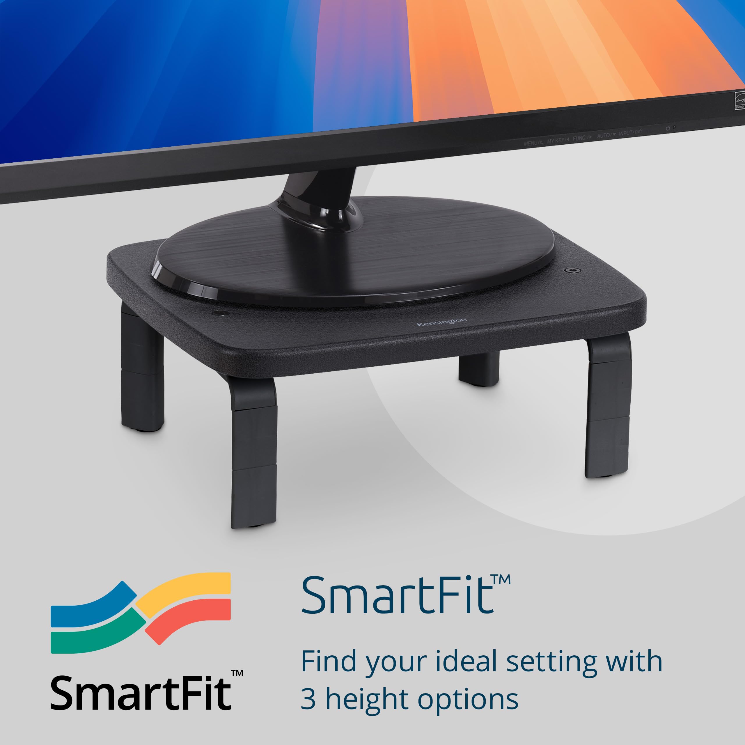 Kensington Smartfit Low Profile Monitor Stand For Up To 40Lbs Screens, Compact Desktop Stand Riser 3 Height Adjustable, Laptop S
