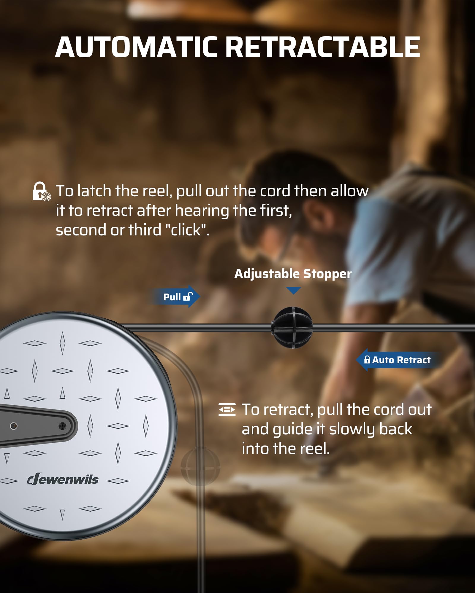 Dewenwils Metal Extension Cord Reel,30Ft Retractable Extension Cord, 16Awg/3C Sjtw Power Cord, 3 Electrical Outlets, 10A Circuit