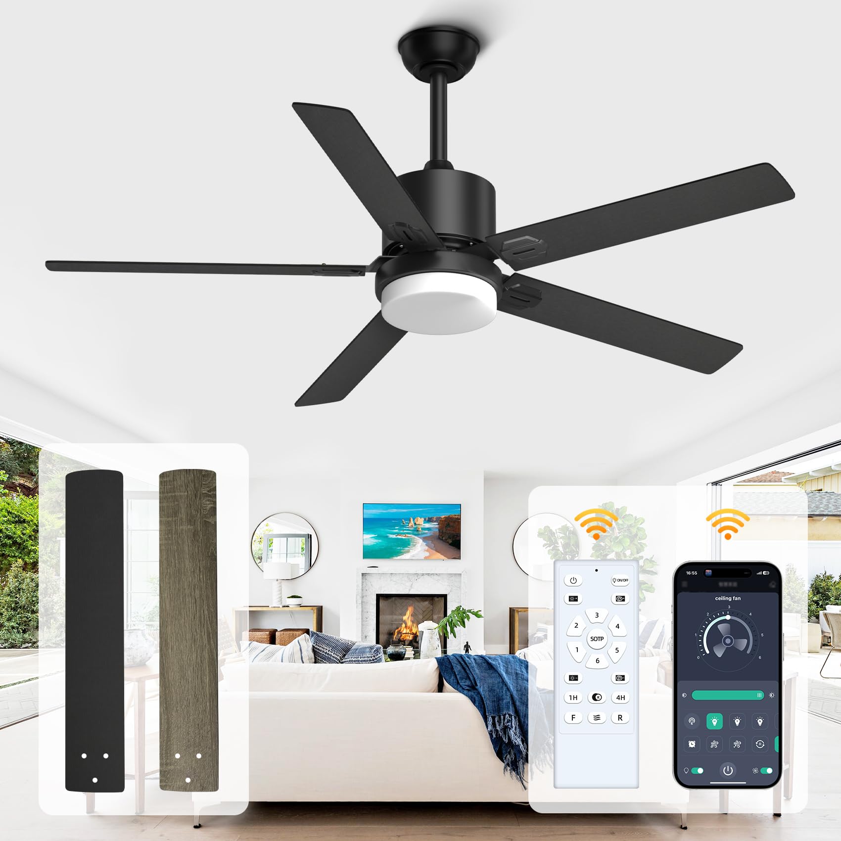 Alescu Black Ceiling Fans With Lights   Outdoor Ceiling Fan With Remote, 52 Inch Modern Ceiling Fan For Patio, Bedroom Living Ro