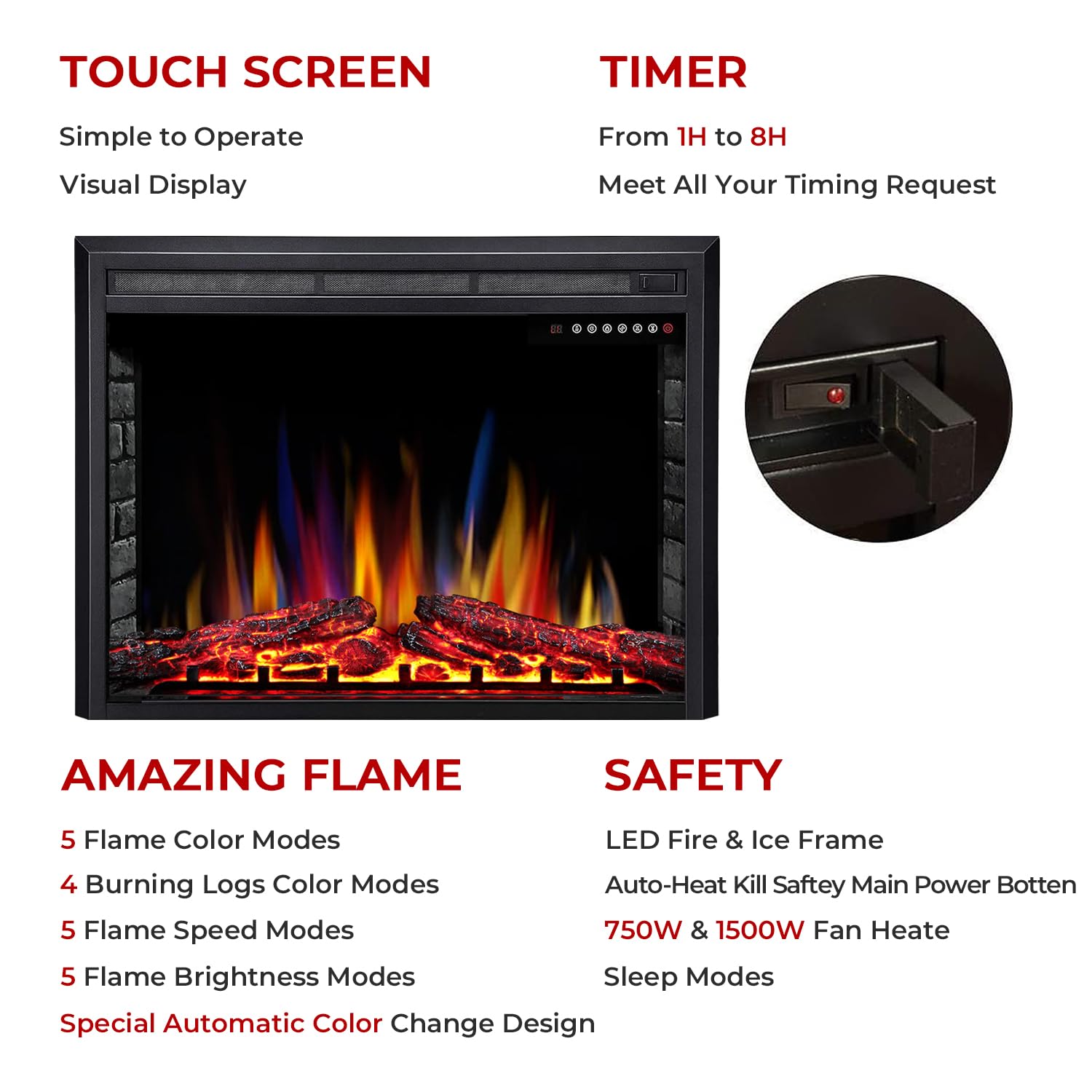 R.W.Flame 39'' Electric Fireplace Insert,Freestanding & Recessed Electric Stove Heater,Touch Screen,Remote Control,750W 1500W Wi