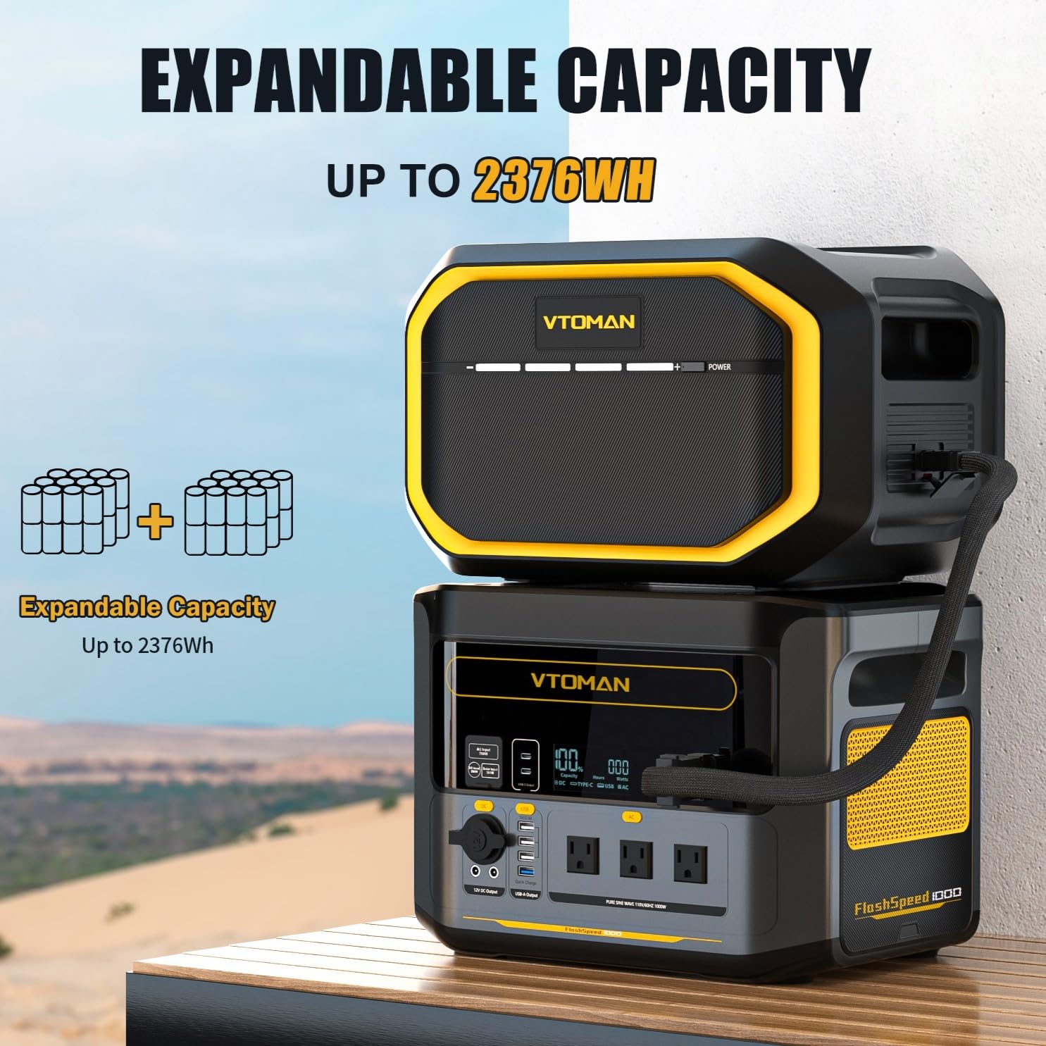 Vtoman 2376Wh Portable Power Station Bundle With Extra Battery & 200W Solar Panel Included - Up To 2000W Solar Power Generator F
