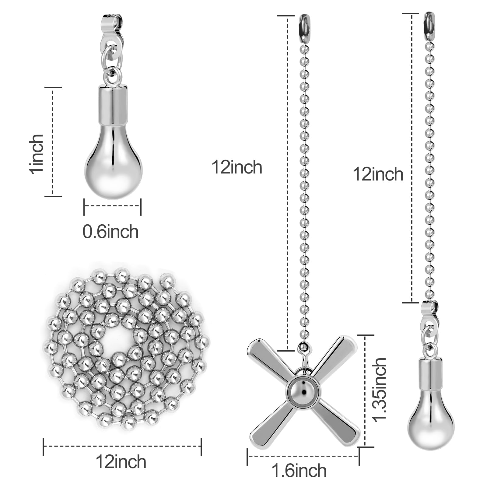 Jia Qaq Ceiling Fan Pull Chain Ornaments, 13.6 Inches Fan Pulls Extension Chains Set, Decorative Metal Light Bulb And Fan Cord,