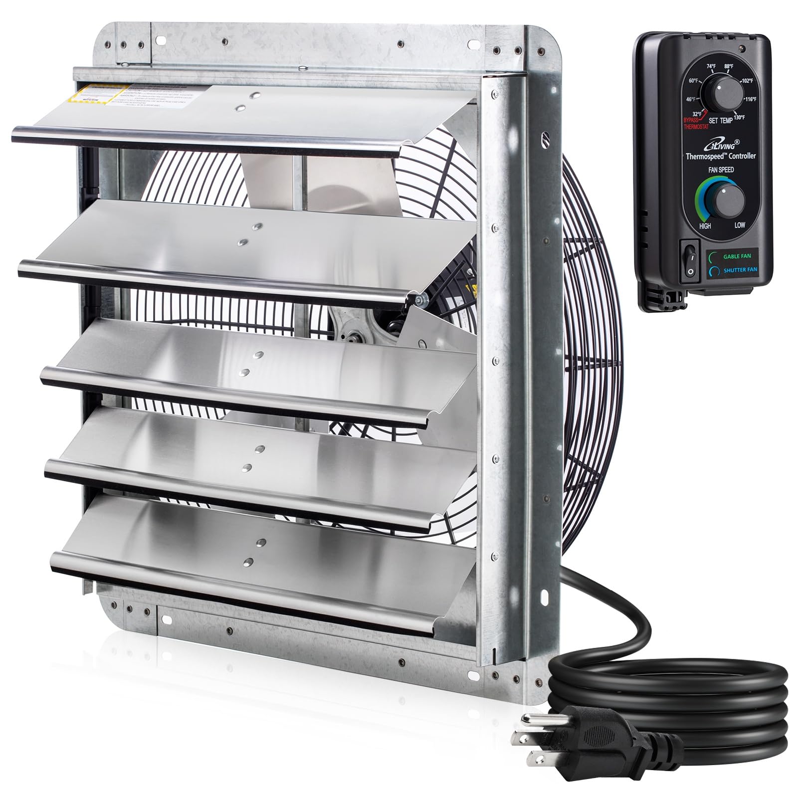 Iliving 18'' Wall Mounted Shutter Exhaust Fan, Automatic Shutter, With Thermostat And Variable Speed Controller, 0.85A, 1736 Cfm