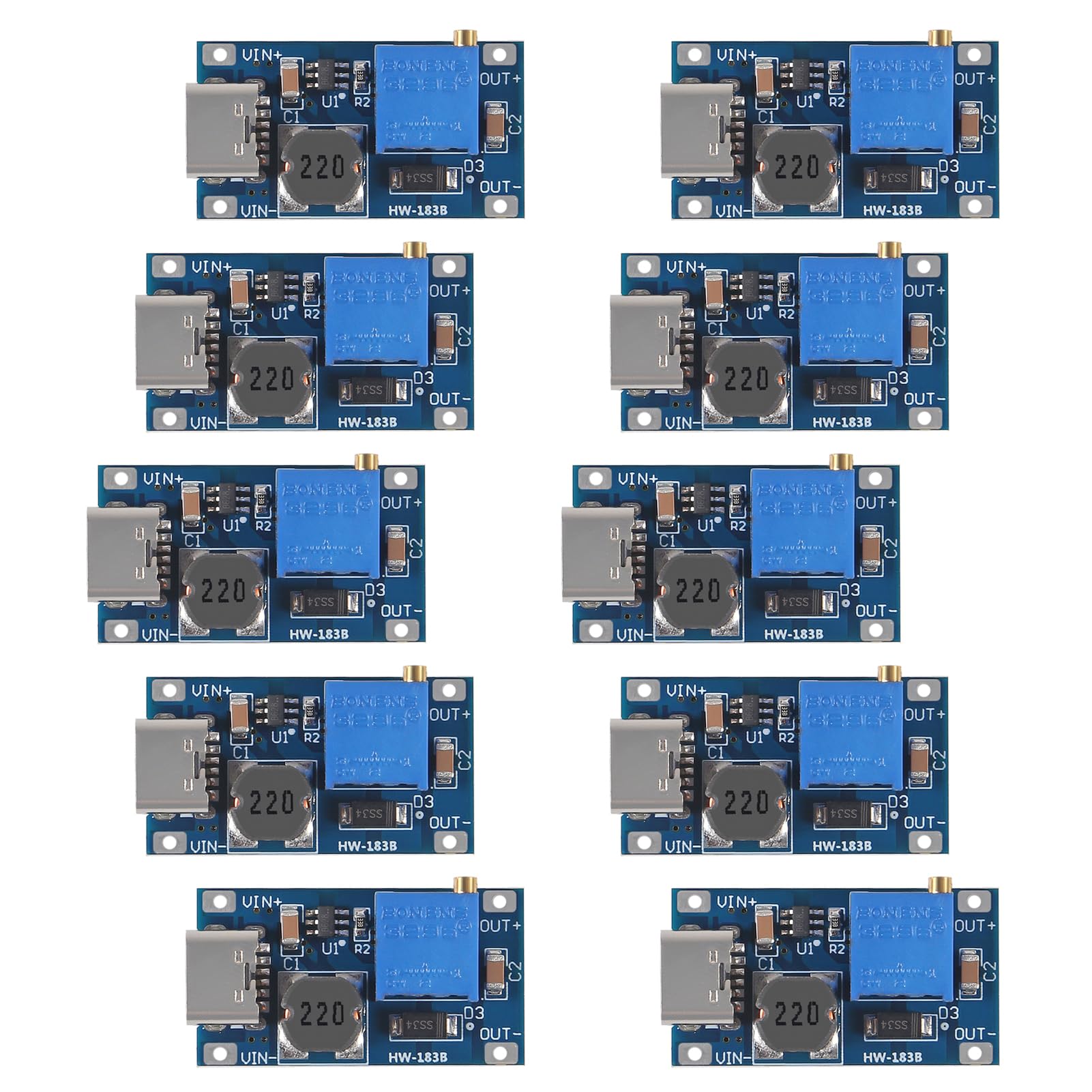 Aitrip 10 Pieces Type C Mt3608 Dc Dc Boost Converter 2A Adjustable Module Voltage Regulator Board Input Voltage 2 Volt 24 Volt T