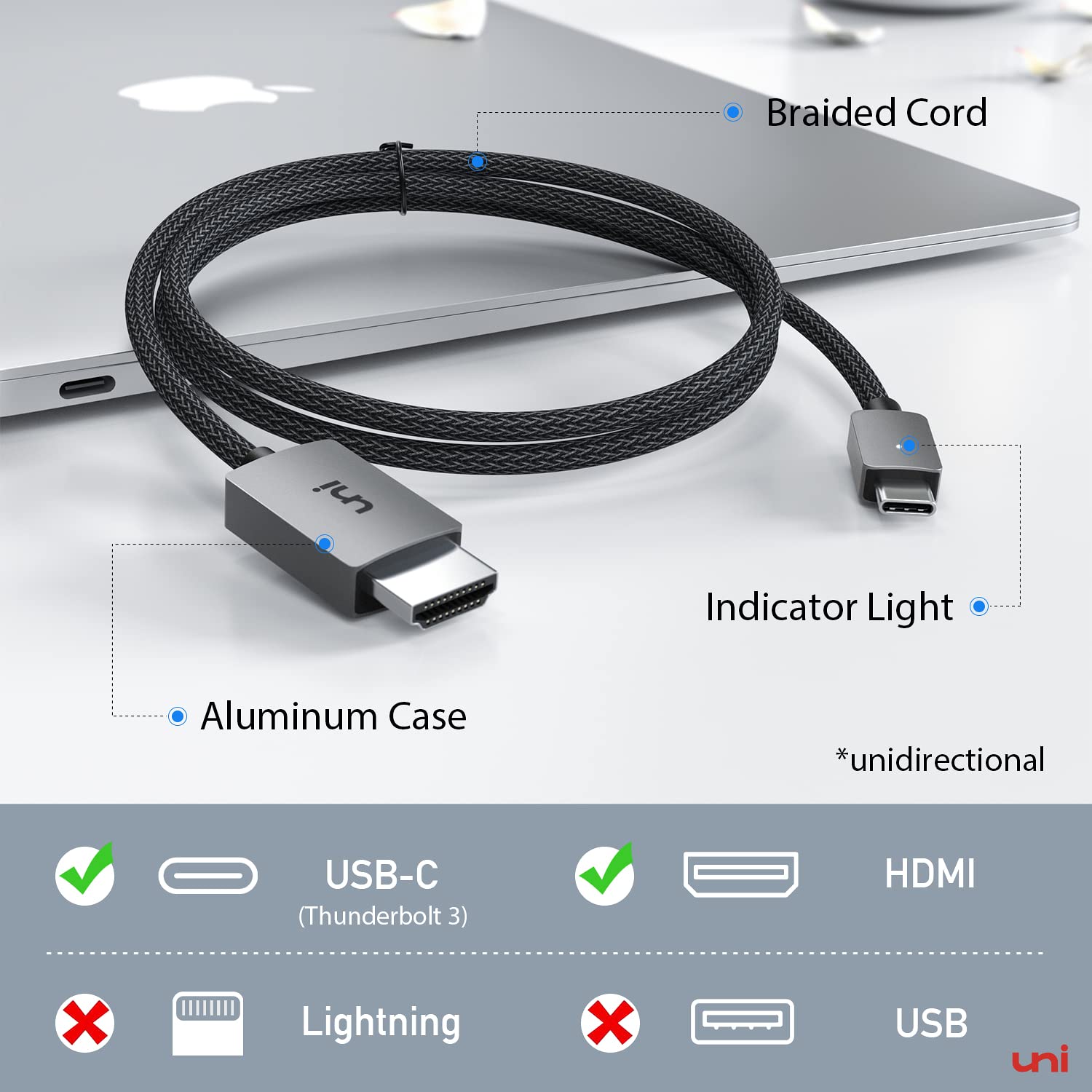 Uni Usb C To Hdmi Cable 15Ft 4K@30Hz, Usb Type C To Hdmi Cable For Home Office, [Thunderbolt 3/4 Compatible] With Macbook Pro/Air, Iphone 15 Pro/Max, Galaxy S8 S23, Surface Book 2, Xps, Chromebook
