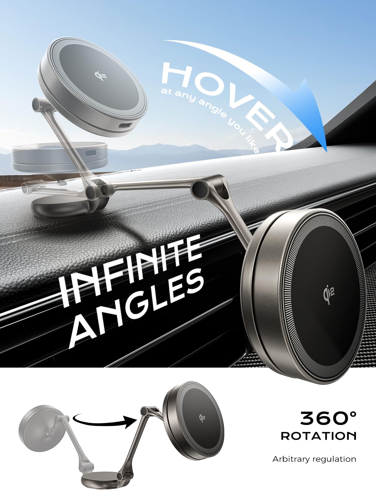 Threekey For Magsafe Car Mount Charger, Qi2 Wireless Car Charger, Retractable Car Phone Holder With Long Arm & 360Rotation, Magn