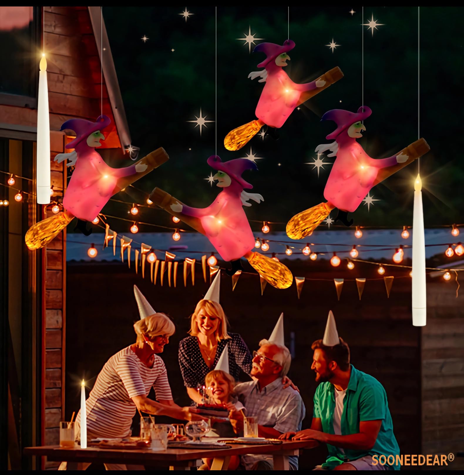 Sooneedear Harry Flameless Potter Candles With Witch Flying On Broomsticks, Hanging Led Night Light Remote By Magica Wand, Hallo
