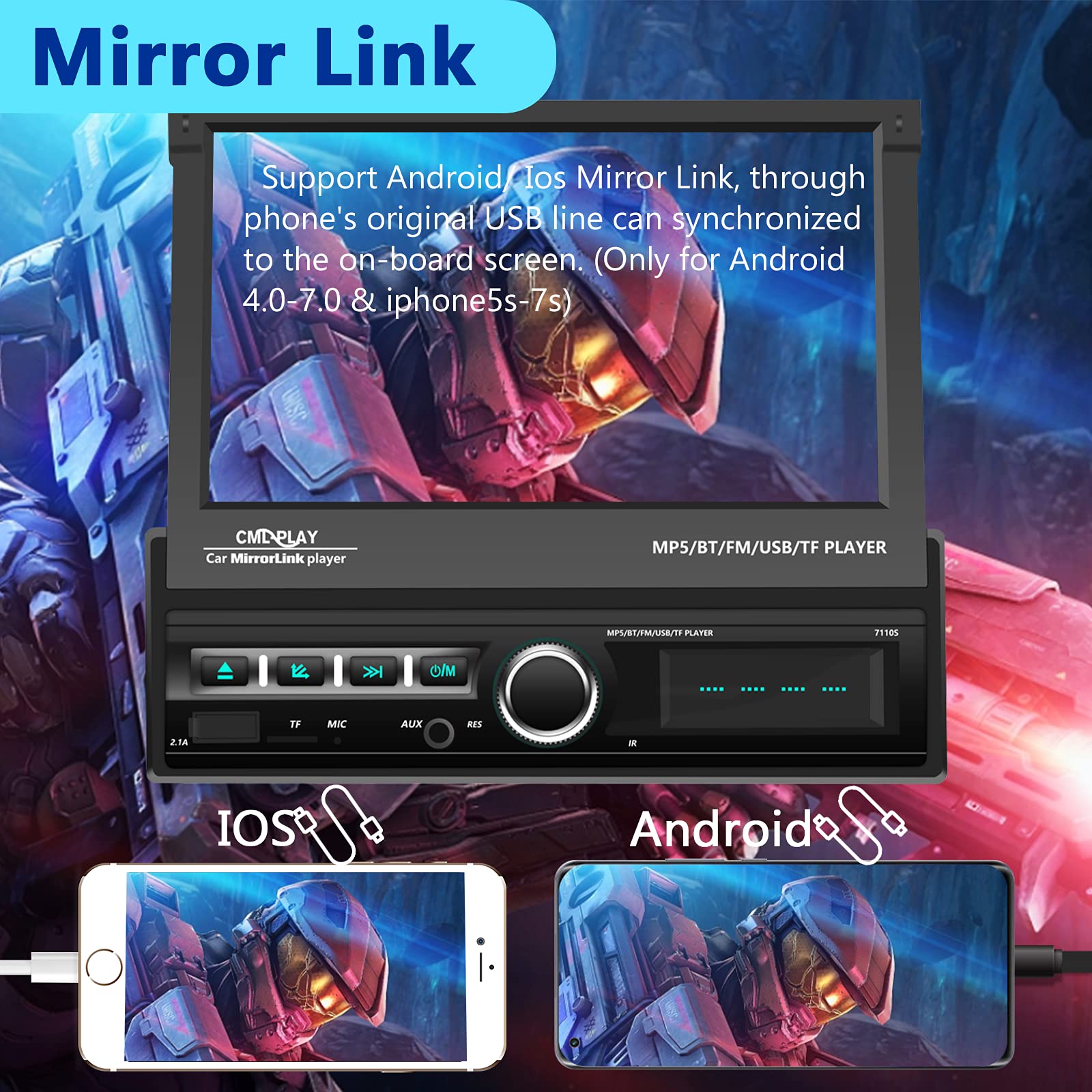 Podofo Single Din Touchscreen Car Stereo 7 Inch Motorized Flip Out Screen Car Radio In Dash Head Unit Support Bluetooth Fm Aux U