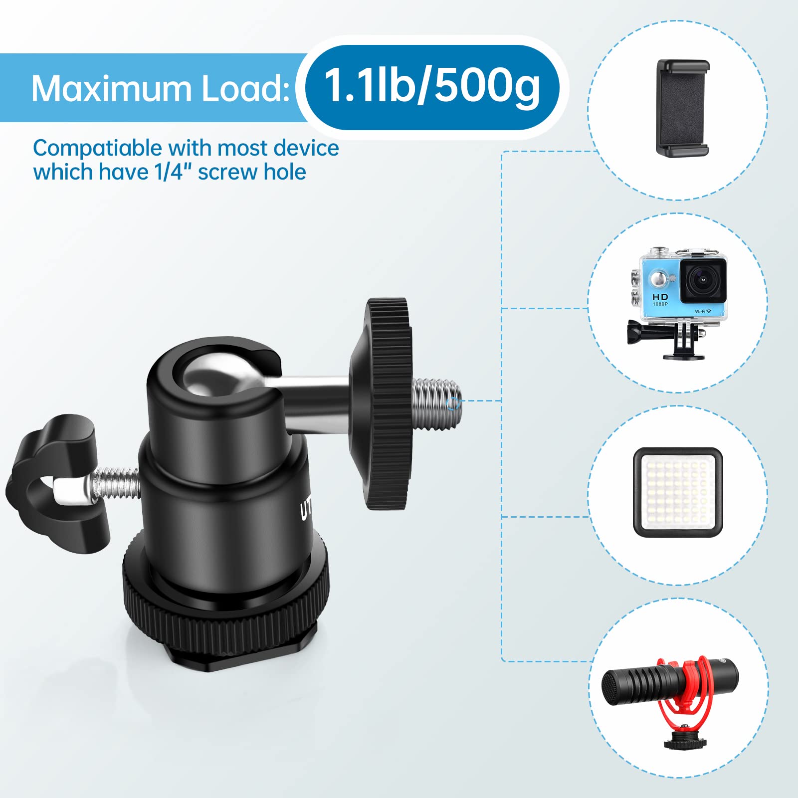 12Mm Tripod Ball Head, Utebit 360� Rotatable Metal Mini Ball Head With 1/4' Hot Shoe, Ballheads Camera Mount Adapter For Sport Camera, Pocket Light, Microphone, Loading 1.1Lb(2 Pack)