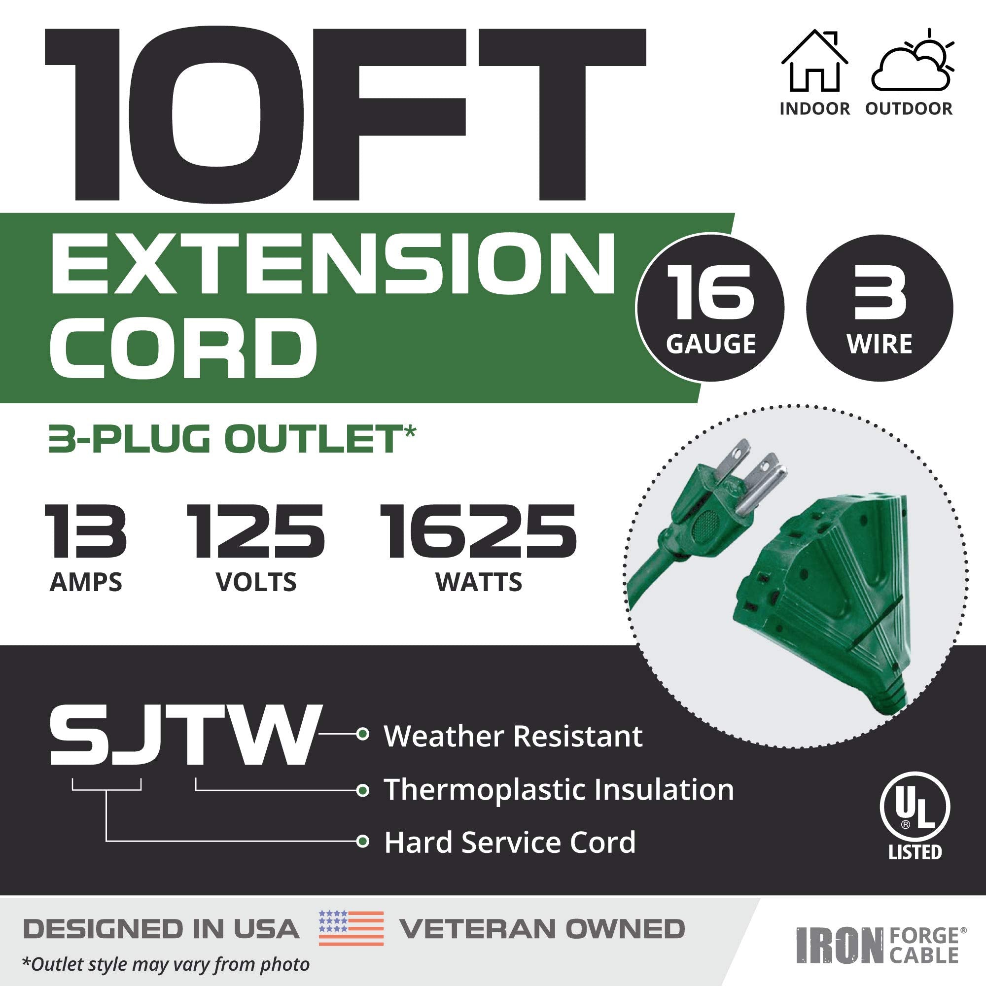 Iron Forge Cable 3 Outlet Outdoor Extension Cord 10 Ft, 16/3 Heavy Duty Green Extension Cord With Multiple Outlets 3 Prong, Weat