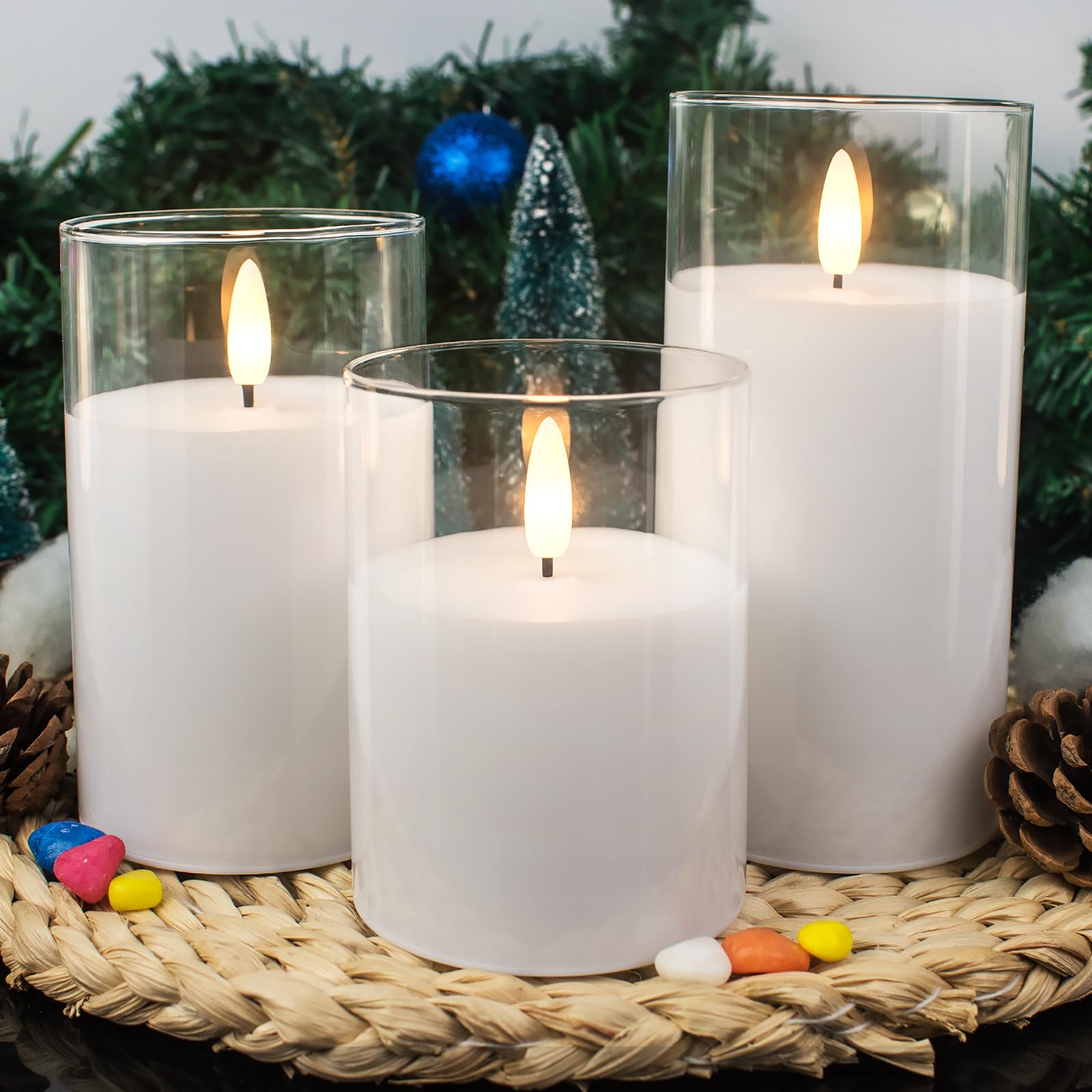 Clear Glass Flameless Candles With Remote 600Hours Battery Operated With Timer Flickering Led Pillar Candles Real Wax For Party,