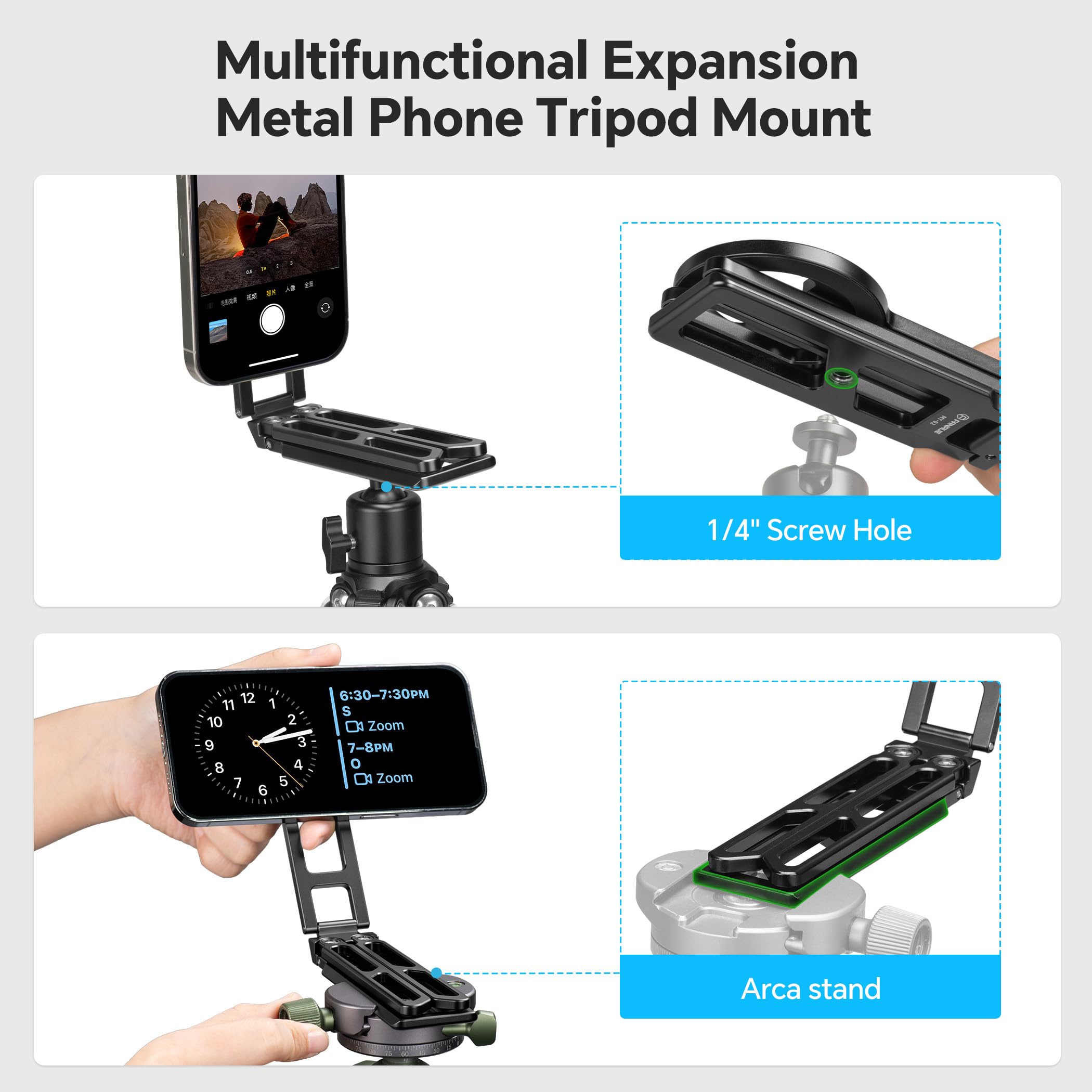 Fanaue Adjustable Phone Tripod Stand, Foldable Magnetic Cell Phone Holder With Arca-Swiss And 1/4 Screw Hole, Aluminium Magsafe