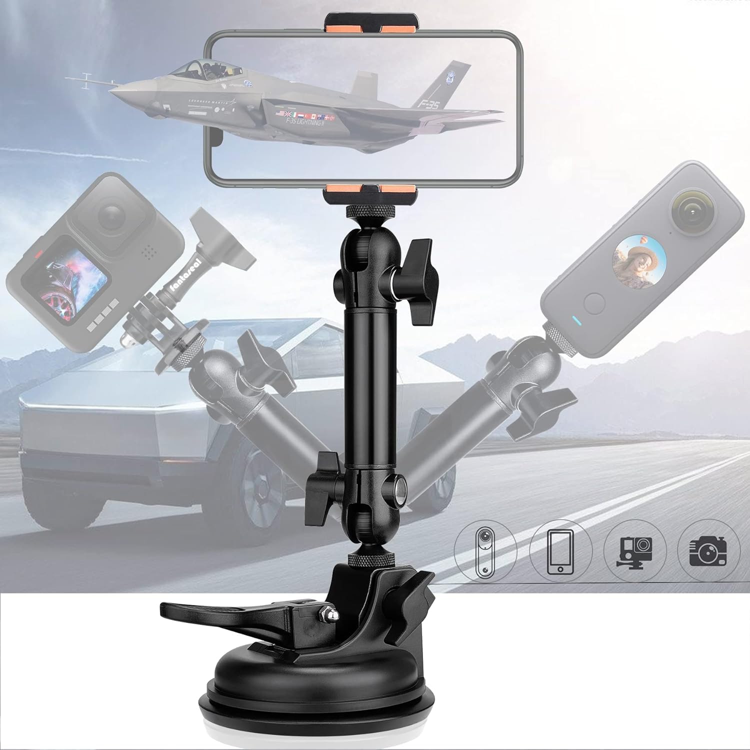 Heavy Duty F100Mm Suction Cup W/Adjustable 2-Ball-Head Action Camera Dash Cam Phone Car Mount Vehicle Windshield Holder For Ipho