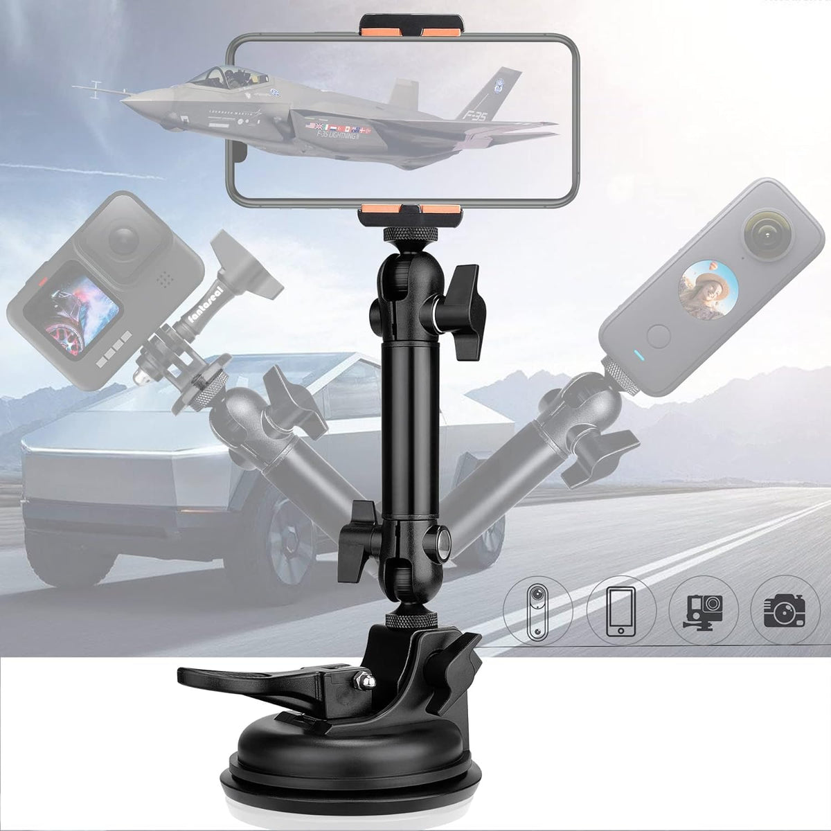 Heavy Duty F100Mm Suction Cup W/Adjustable 2-Ball-Head Action Camera Dash Cam Phone Car Mount Vehicle Windshield Holder For Ipho
