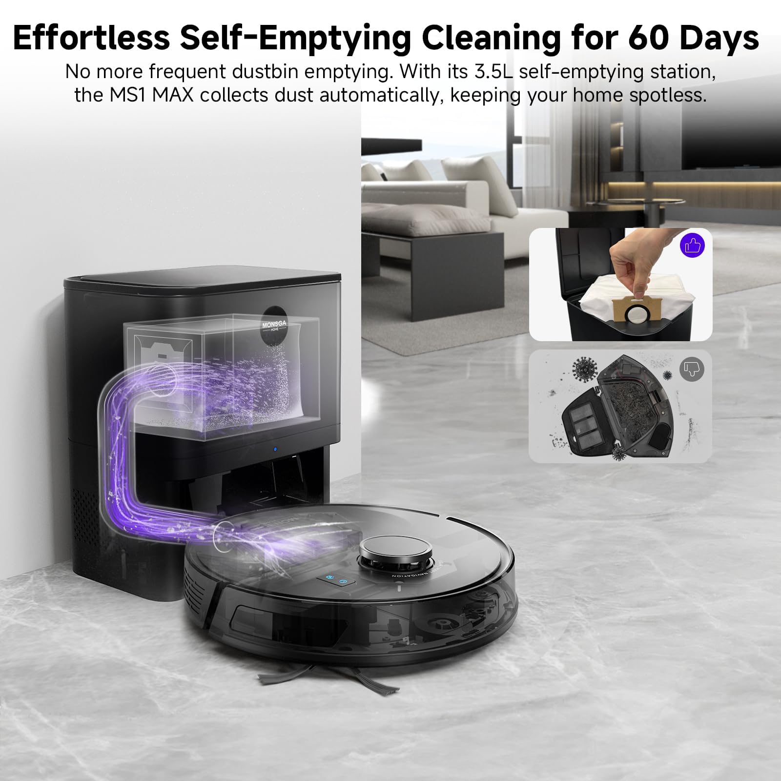 Monsga Robot Vacuum And Mop Combo, 5000Pa Robotic Vacuum With 3.5L Self Emptying Station, Lidar Navigation Robot Vacuum Cleaner,