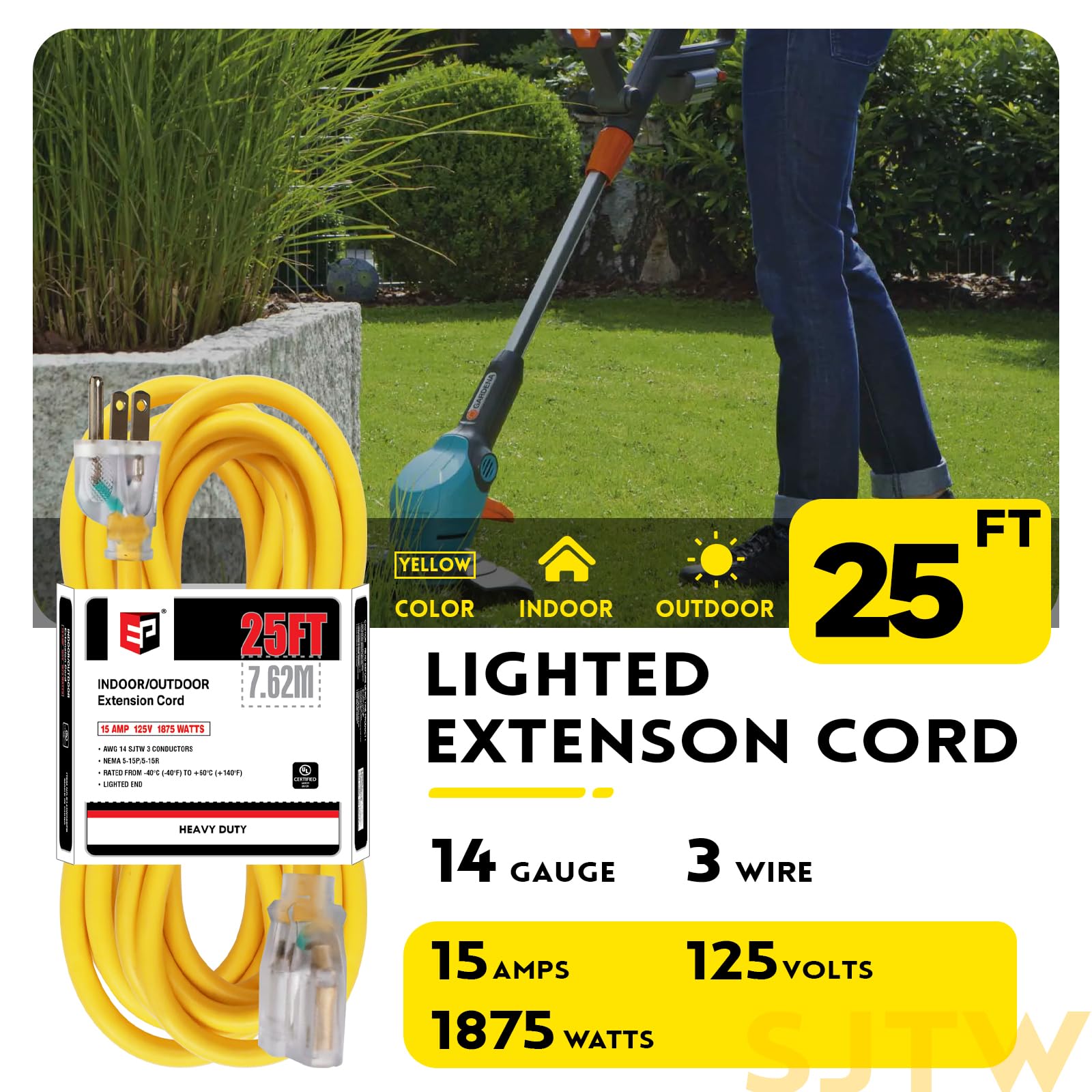 Ep 25 Ft 14/3 Lighted Outdoor Extension Cord   14 Gauge Sjtw Heavy Duty Yellow Extension Cable With 3 Prong Grounded Plug, Great