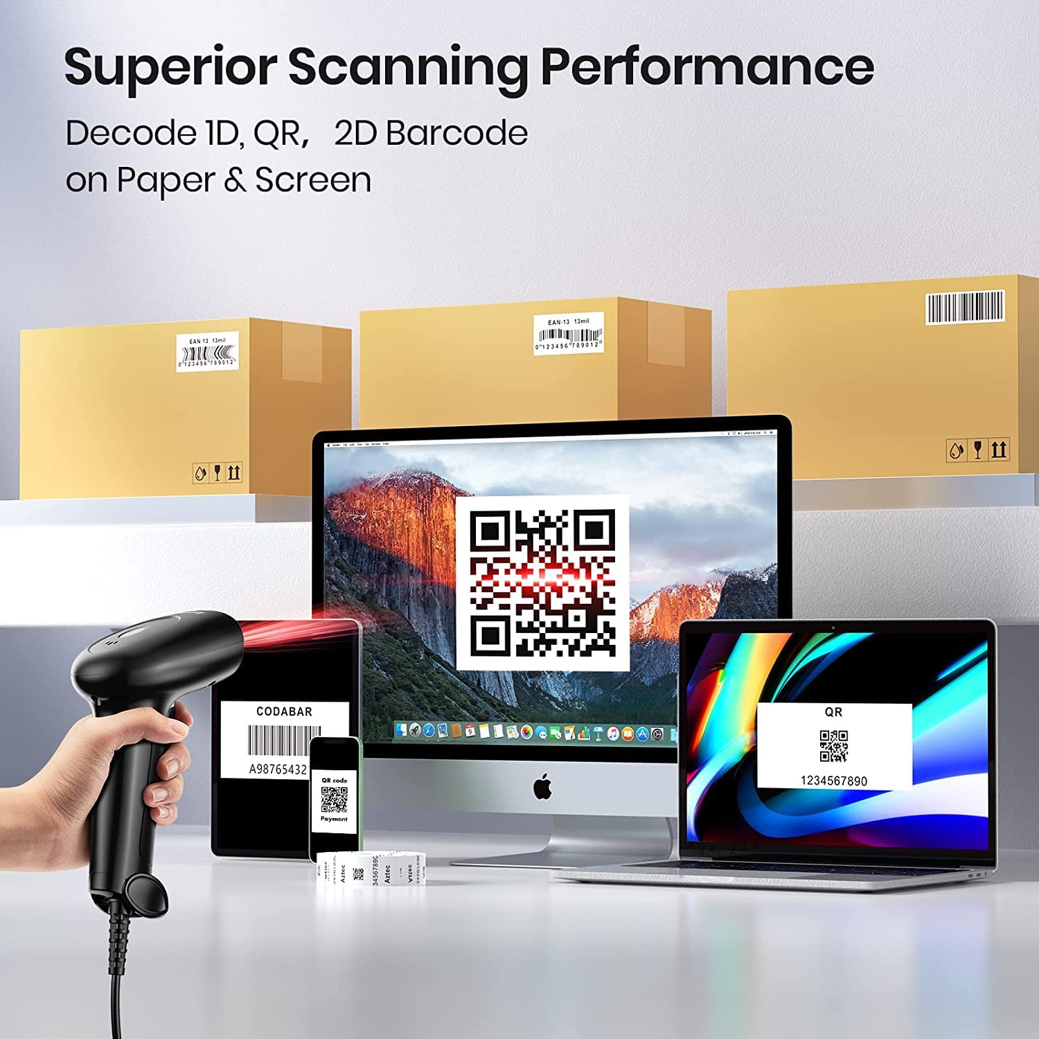Anyeast Barcode Scanner With Stand, Usb Wired Inventory 2D 1D Qr Code Scanner For Computer Pos Mac With Automatic Screen Scannin