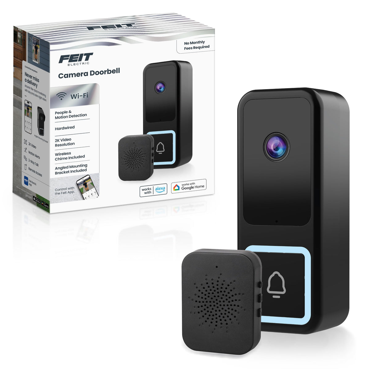 Feit Electric Smart Doorbell Camera, Wired 2K Hd Video, Night Vision, Motion Detection, Two-Way Audio, Alexa/Google Assistant Co