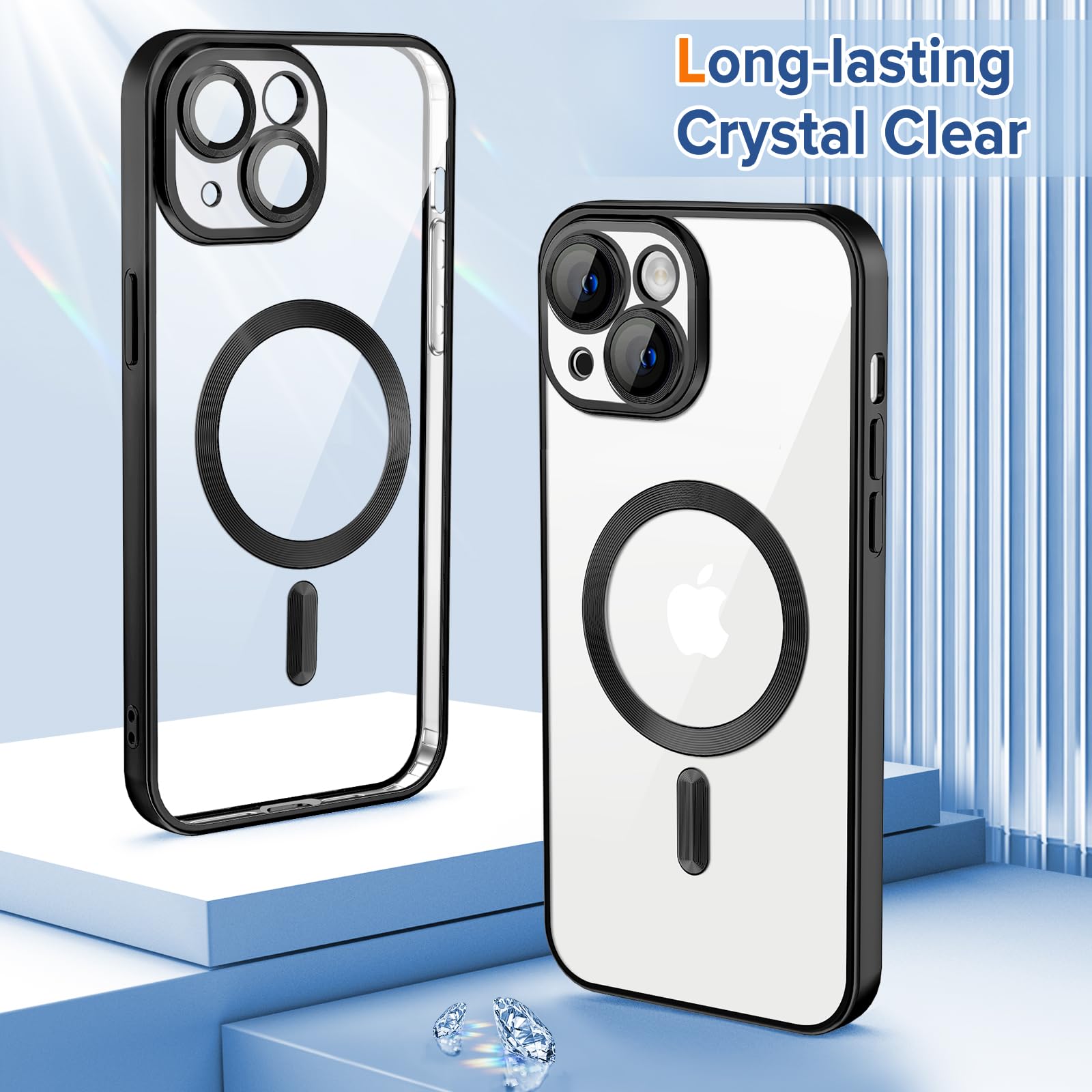 Hython Magnetic Clear Case For Iphone 15 Plus Case With Camera Lens Protector [Compatible With Magsafe] Luxury Plating Edge Slim