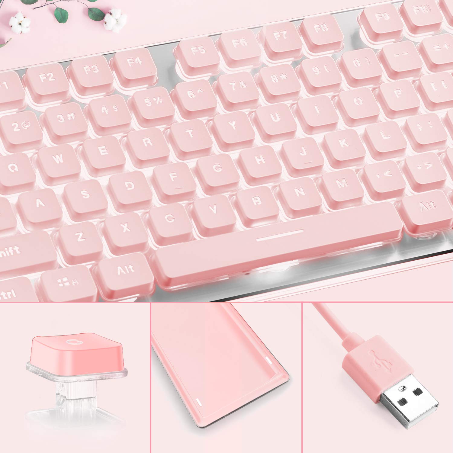 Langtu Computer Keyboard, Backlit Led Pink Keyboard For Office, All Metal Panel Usb Wired Membrane Keyboard, 25 Keys Anti Ghosti