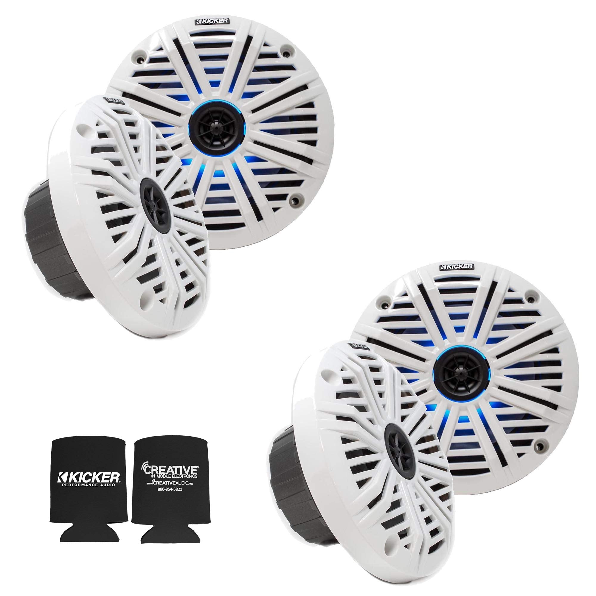 KICKER 6.5 LED Marine Speakers (2 Pair / 4 Speakers) - White Saltwater Grilles - Boat Audio Upgrade or OEM Replacement