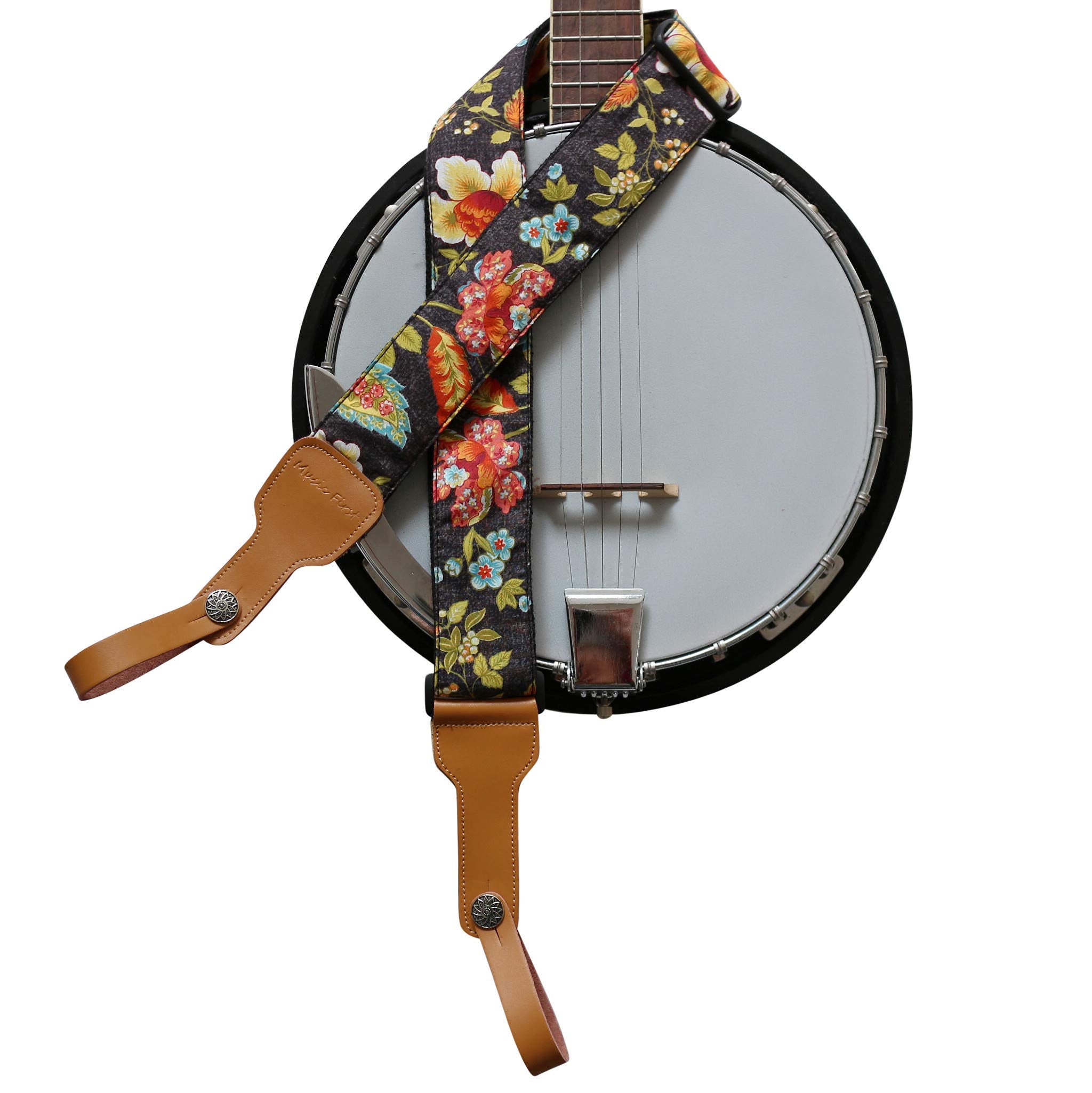 Music First Original Design, 2 Inch Width (5Cm), Vintage French Country Style Floral    Soft Muslin & Genuine Leather Delux Banj