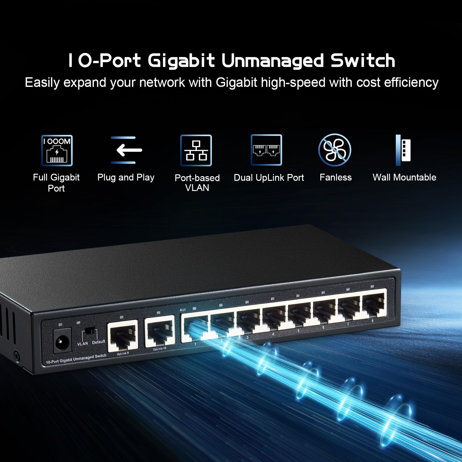 Binardat 10 Port Gigabit Ethernet Switch, 8 Ports 100/1000Mbps, 2 Gigabit Uplink, Support Vlan, Metal Case Unmanaged Plug And Pl