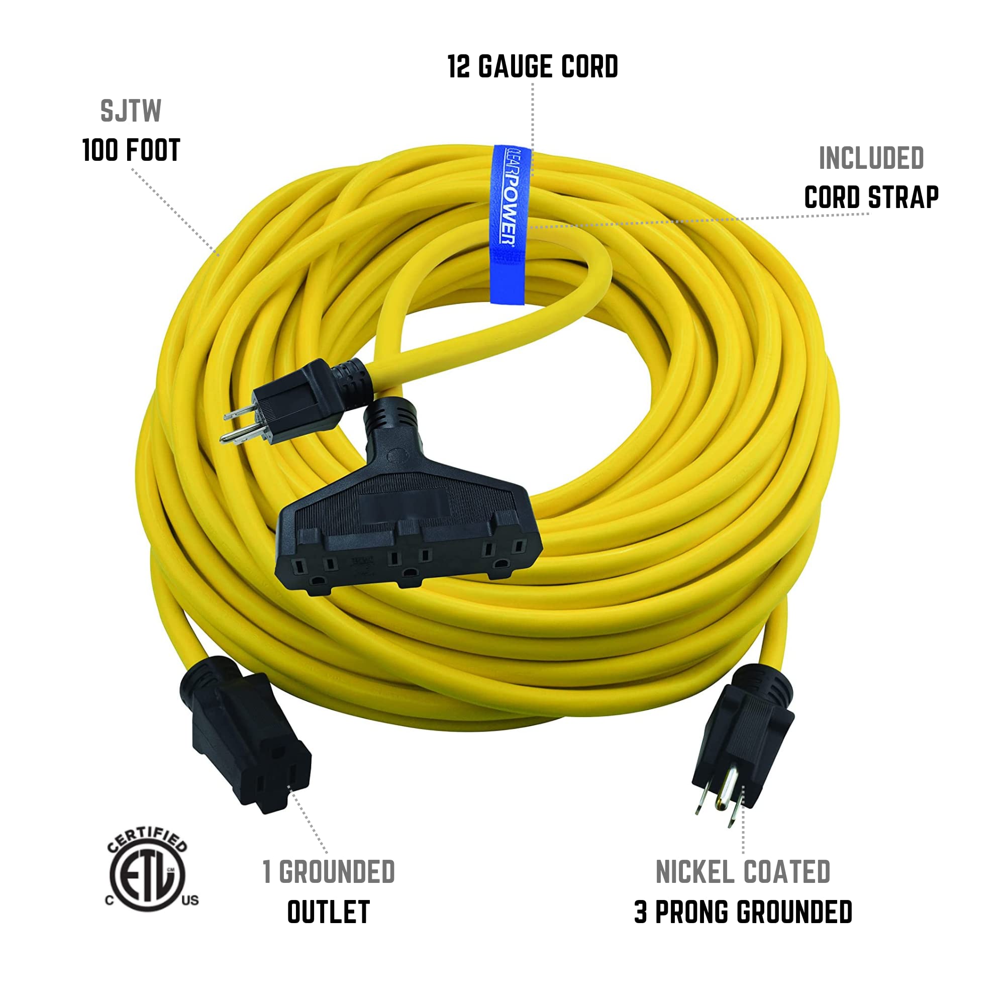 Clear Power 100 Ft 12/3 Sjtw Heavy Duty Outdoor Extension Cord With 2 Ft (Short) 3 Outlet Extension Cord Adapter, 3 Prong Ground