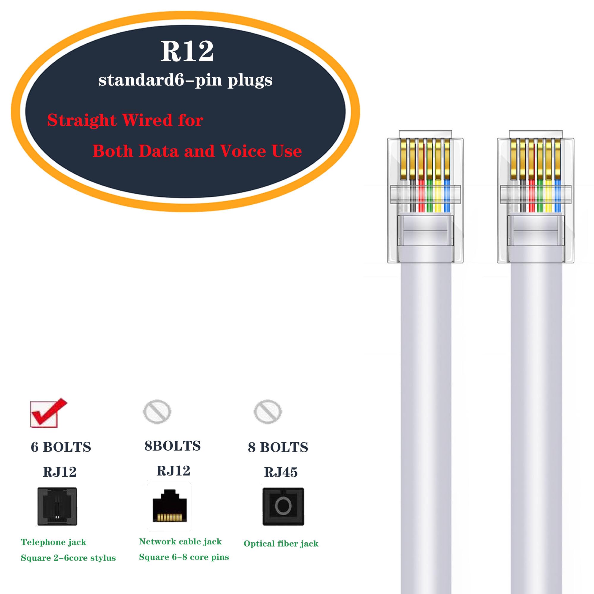 Jmzly Rj12 Cable Phone Cord Rj12 6P6C Male To Male Straight Wired For Both Data And Voice Use White   6.6Feet 3 Pack