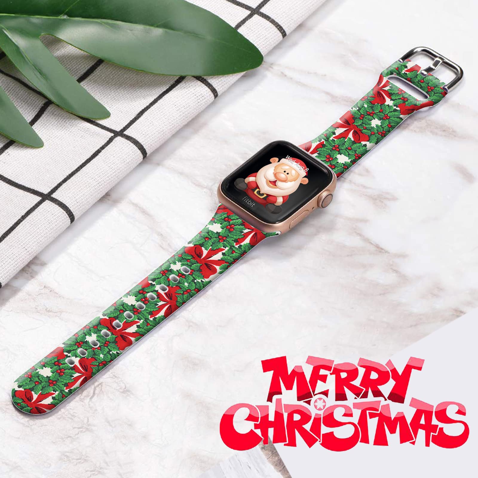 Ftfcase Christmas Silicone Sport Bands Compatible With Fitbit Versa/Versa 2, Decorative Wreath Printed Soft Silicone Strap Repla