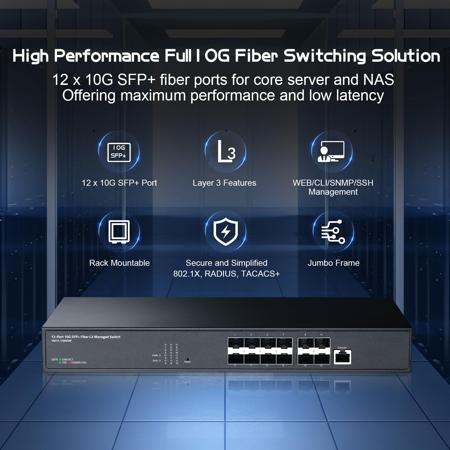 Binardat 12 Port 10 Gigabit Sfp Managed Switch, Support 1G Sfp And 10G Sfp+ Module, 240Gbps Bandwidth, L3 Web/Cli Managed, Metal