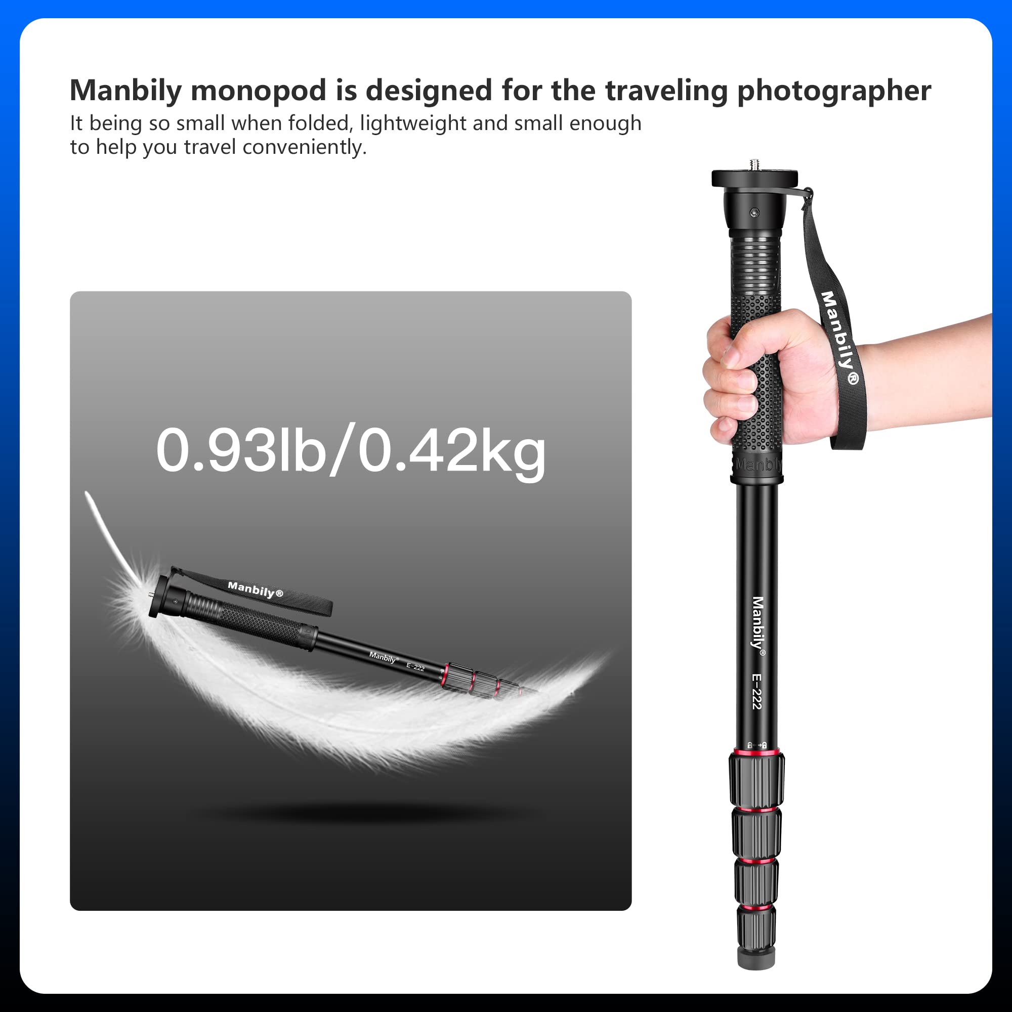 Manbily 65 Inch Camera Monopod, 5 Sections Aluminum Travel Monopod For Canon Nikon Sony Dslr Cameras Video Camcorder, Compact Portable Monopod Lightweight Walking Trekking Stick(E 222)