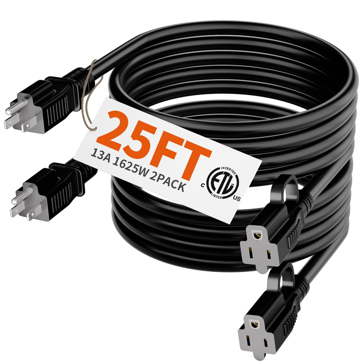 Huanchain Indoor Outdoor Black Extension Cord 25 Ft 2 Pack Waterproof, 16/3 Gauge Flexible Cold Resistant Appliance Cable Outsid