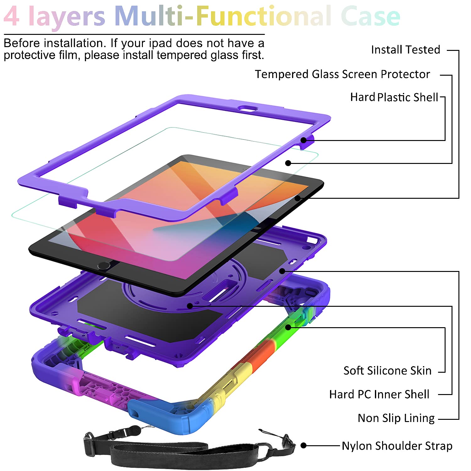 Blosomeet Case For Ipad 9Th/8Th Generation 2021/2020 10.2 Inch With Tempered Glass Screen Protector |Rugged Shockproof Ipad 7Th