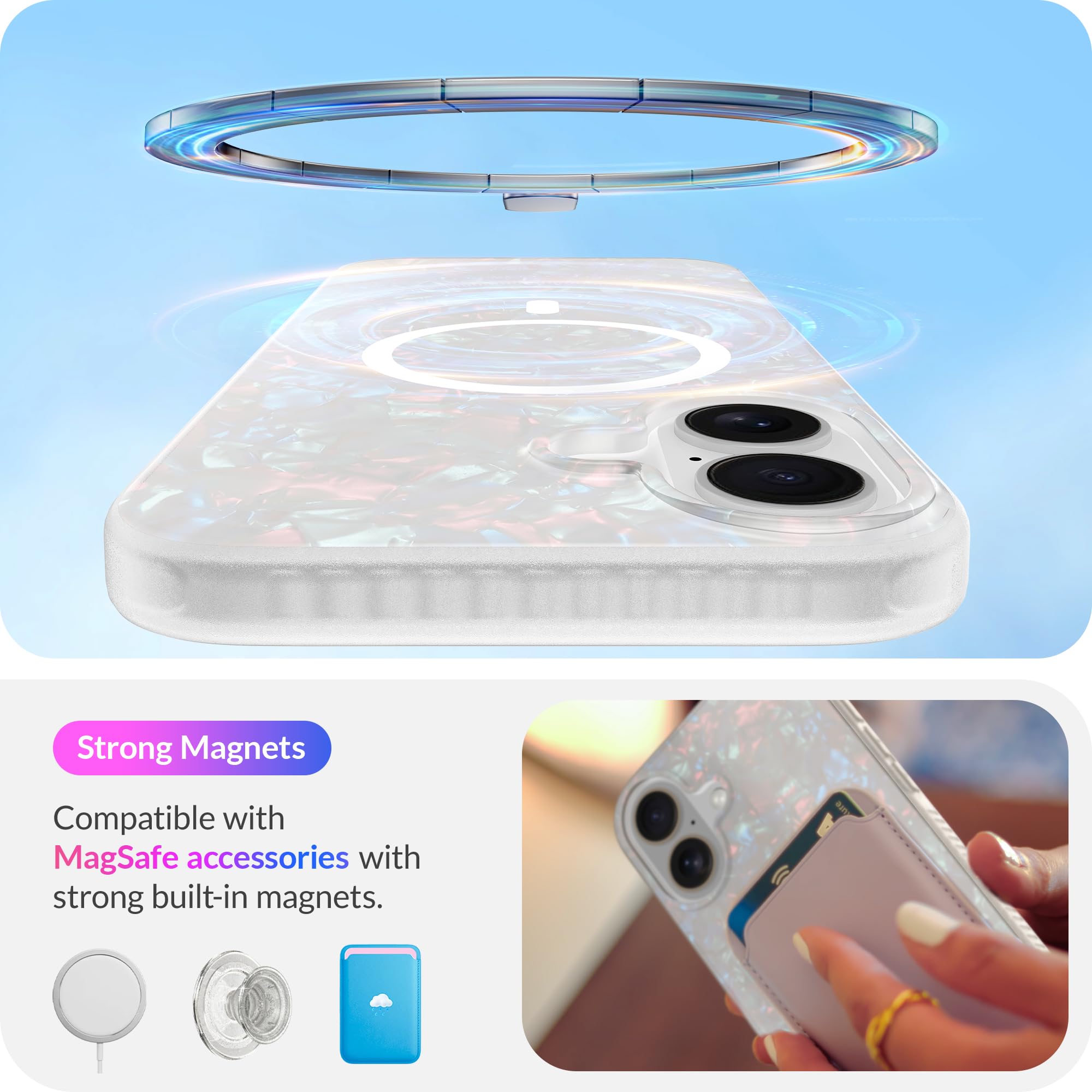 Lonli Hue   Iphone 16 Plus Magnetic Case [Compatible With Magsafe]   White Pearl Tort Phone Case   [360 Shock Absorbent Bumper]