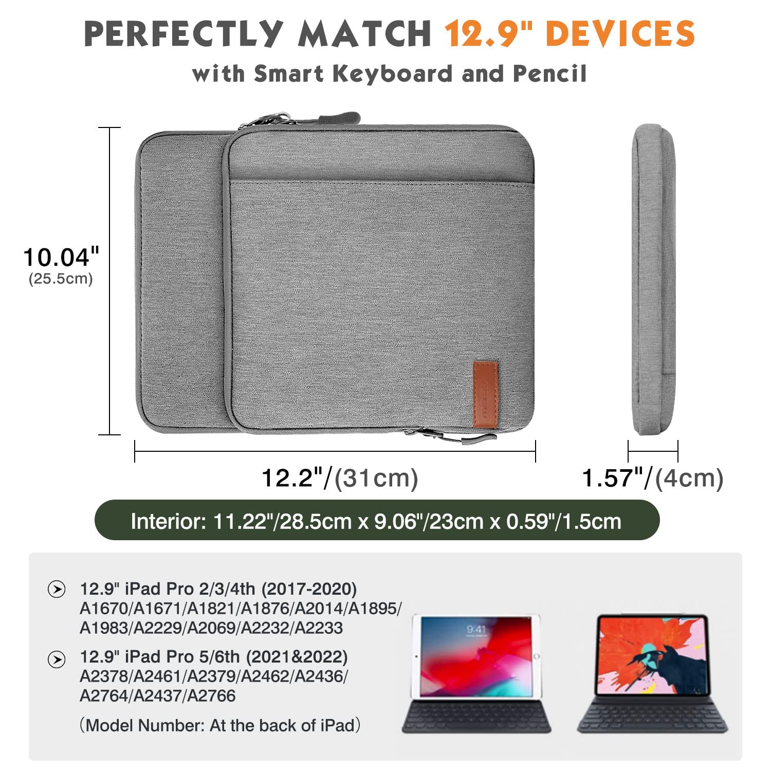 MoKo 12.9 Inch Tablet Sleeve Bag Carrying Case with Pockets Fits iPad Pro 12.9 M2 2022/2021/2020, Surface Laptop Go 12.4', Galaxy Tab S8+/S9+ 12.4' 2022/2023, Light Gray