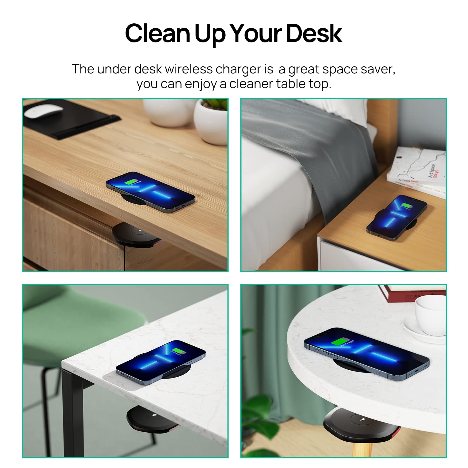 Kpon Invisible Wireless Charger,30Mm Under Desk Charger Mat, Furniture Table Nightstand Desktop Charging Station For Iphone16/15/14/13/12/11/Samsung/Lg/Google Pixel Desk Essentials(With Qc Adapter)
