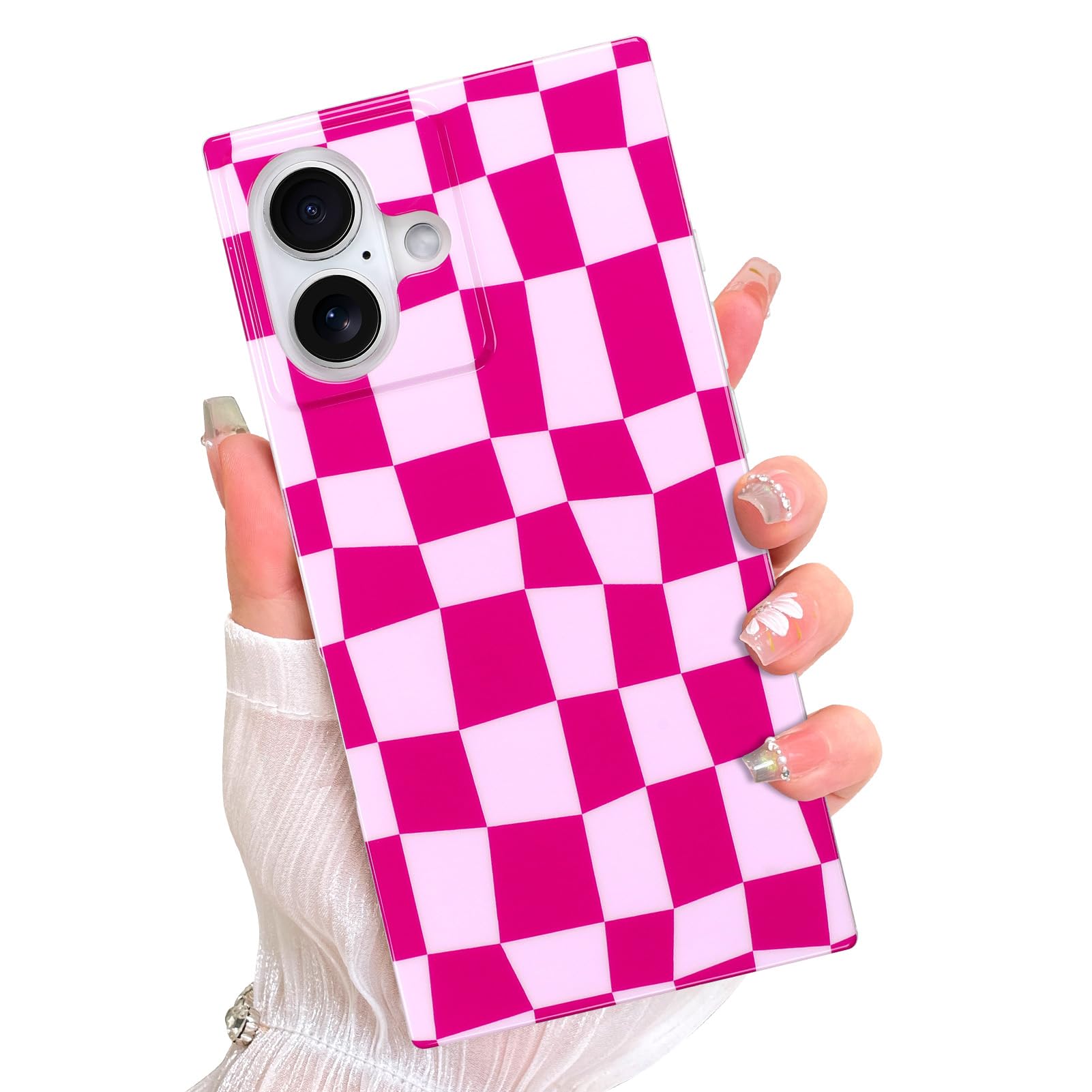 AIGOMARA Magnetic Rectangle for iPhone 16 Case, Compatible with Magsafe, Cute Checkered Design for Women Girls, Stylish Glossy P