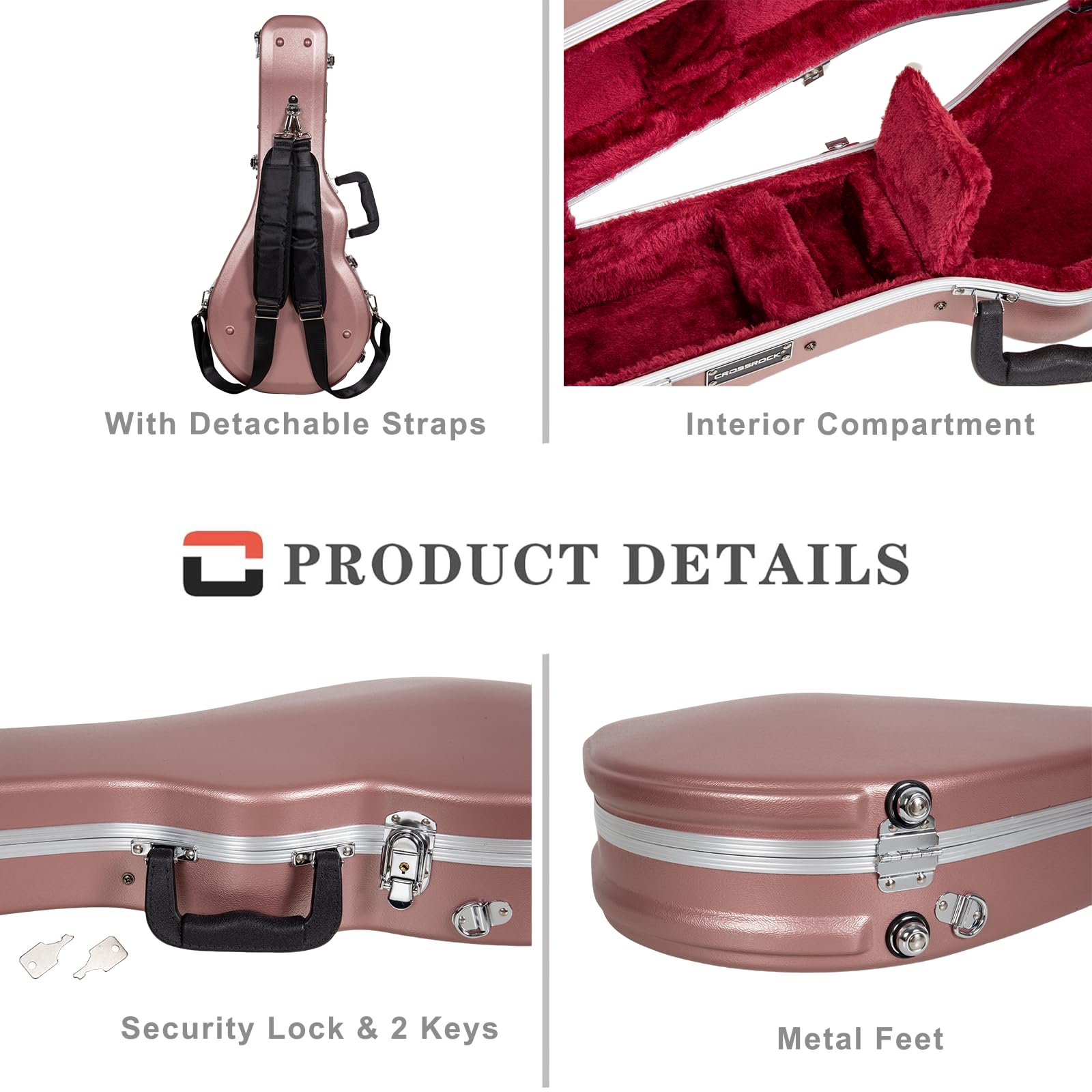 Crossrock F-Style Mandolin Case | Abs Molded Hardshell With Security Lock, Metal Feet, And Detachable Straps-Rose Gold (Cra862Mf